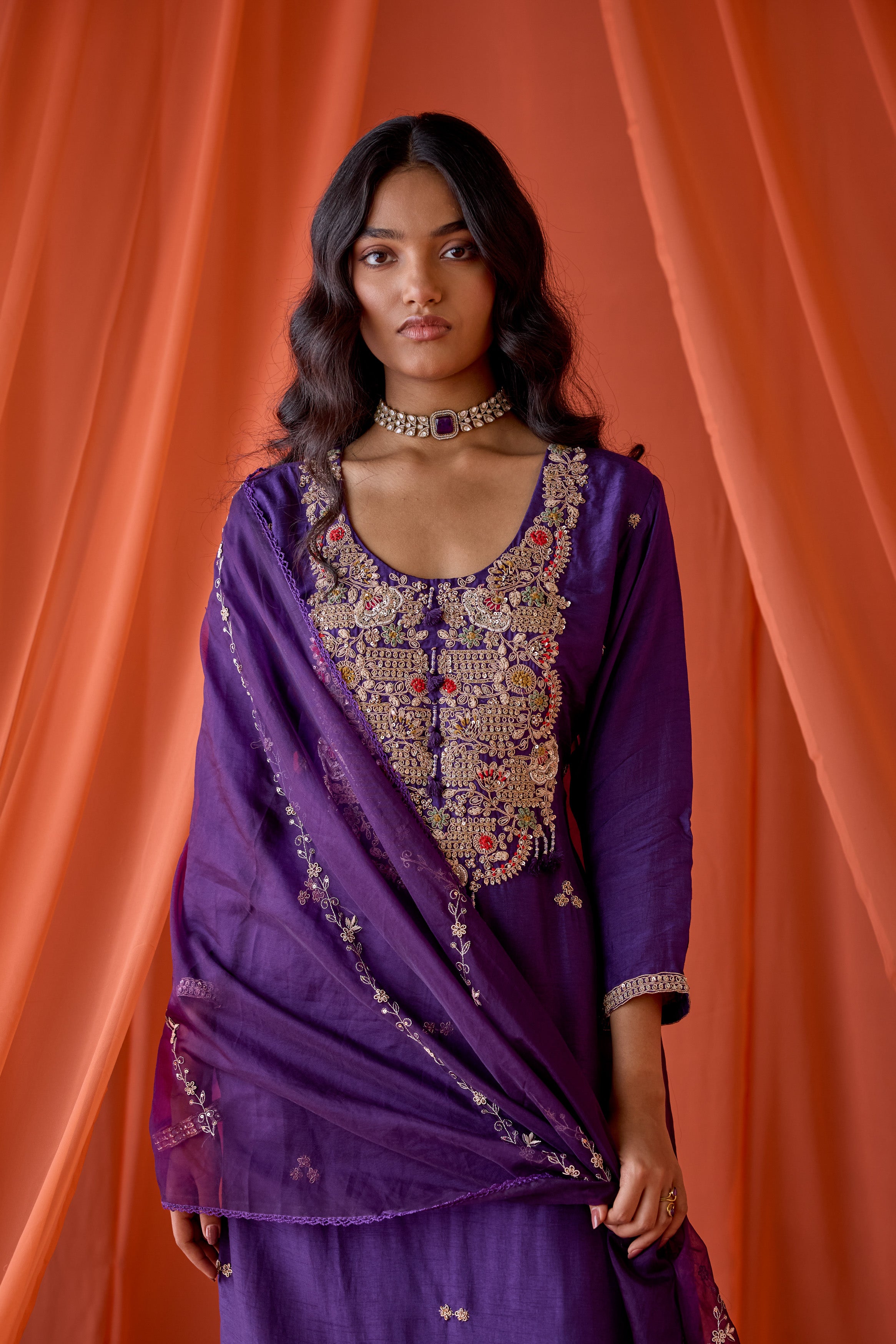 Royal Orchid Embellished Raw Silk Pant Set