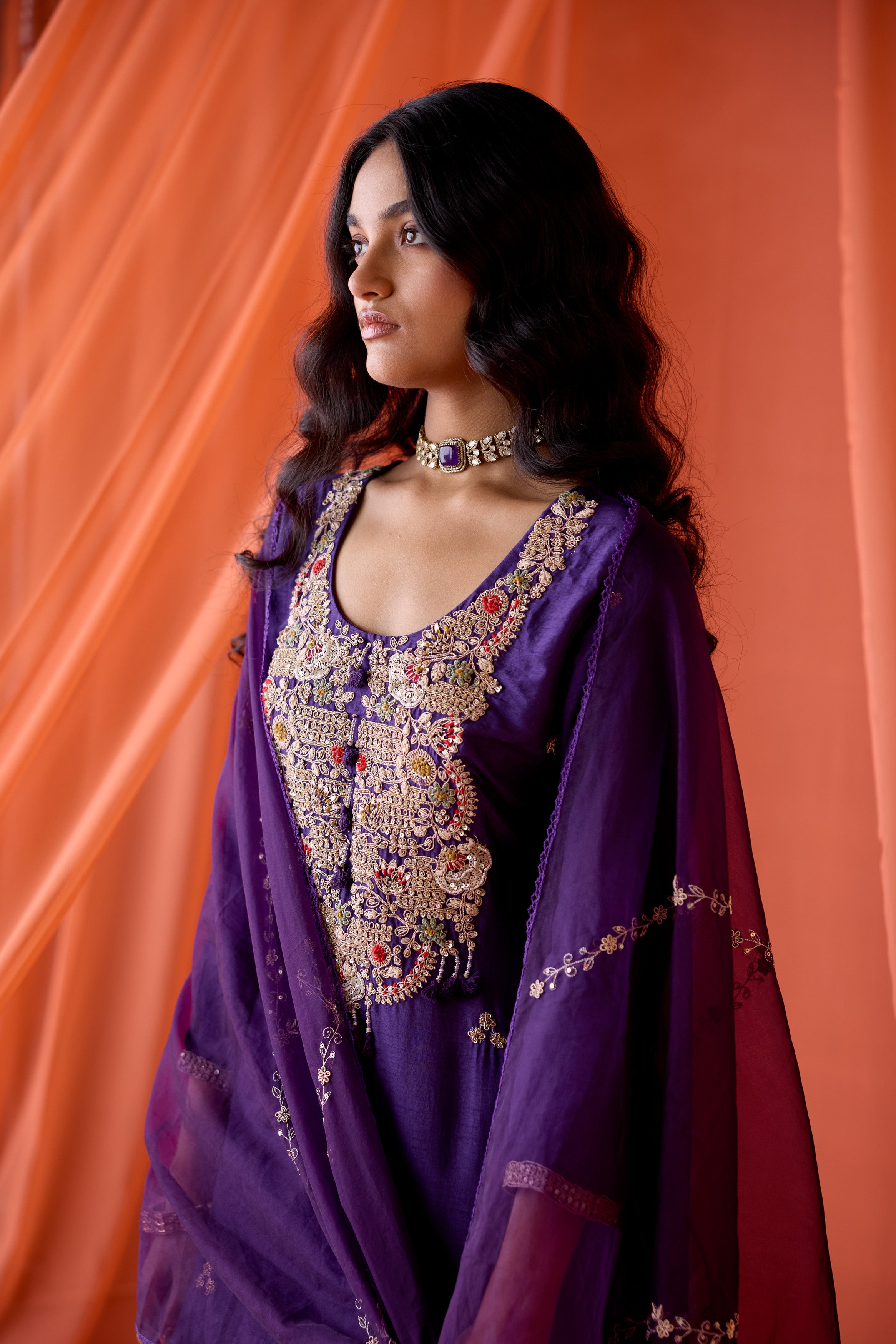 Royal Orchid Embellished Raw Silk Pant Set