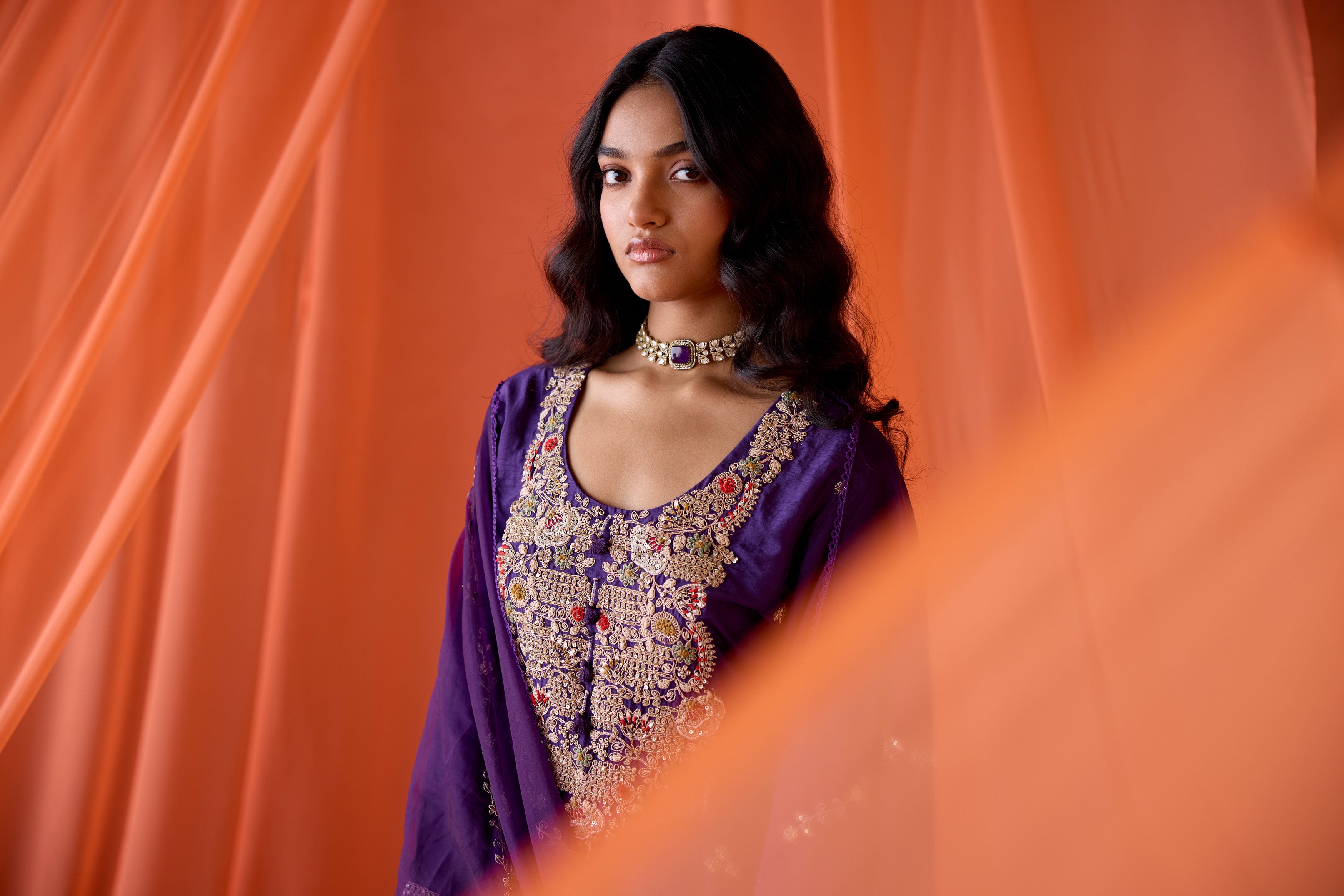 Royal Orchid Embellished Raw Silk Pant Set