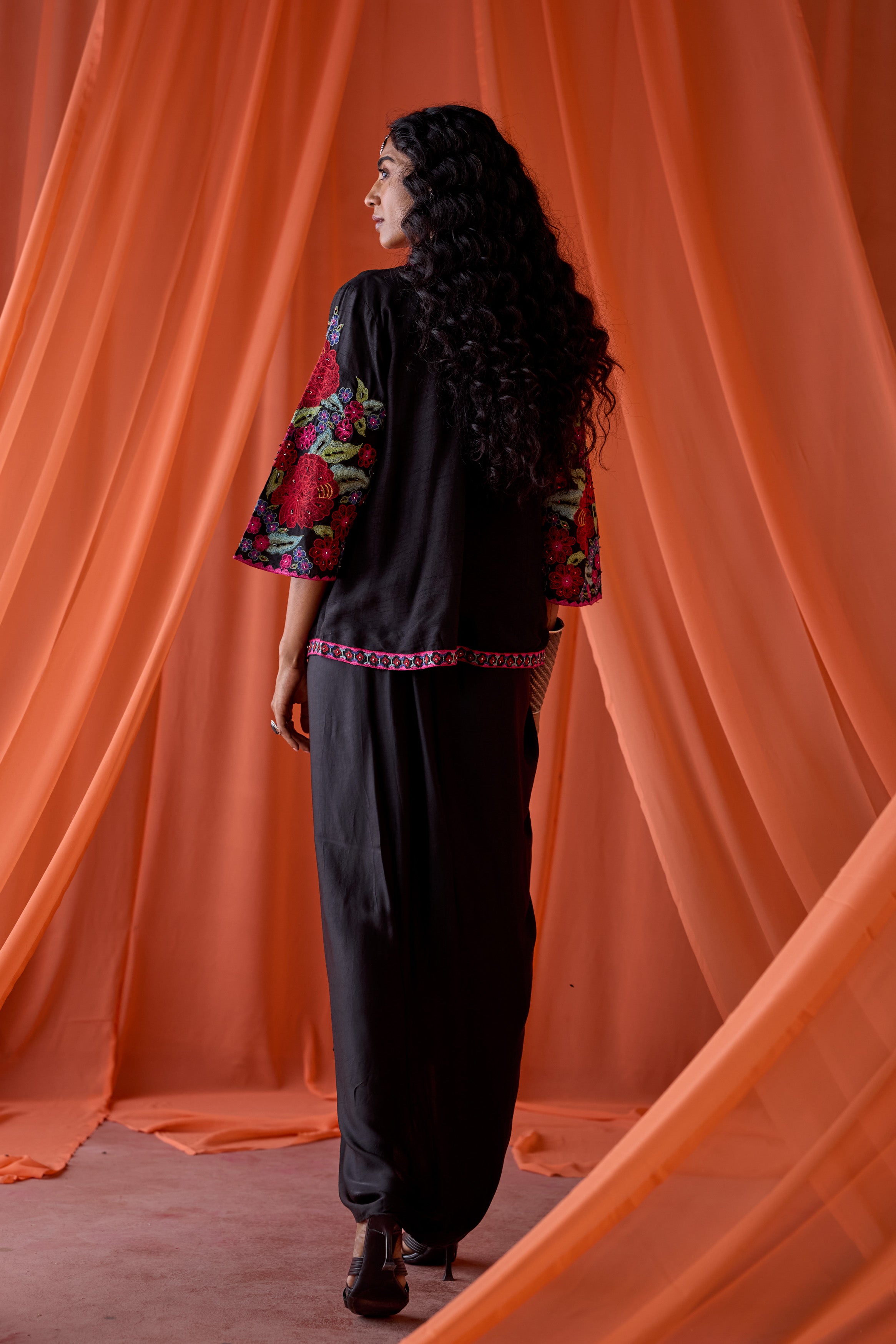 Classic Black Embellished Satin Silk Skirt Set