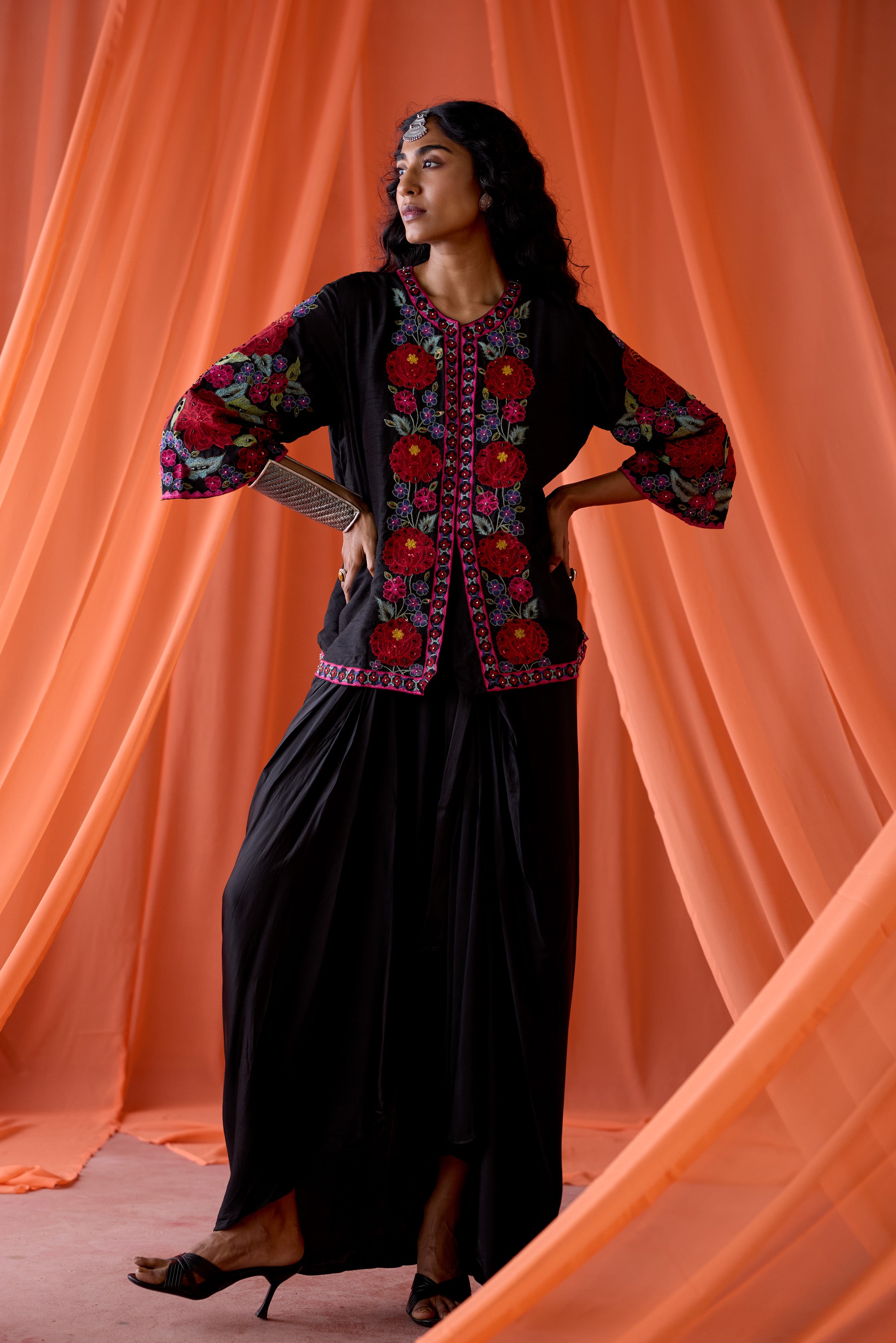 Classic Black Embellished Satin Silk Skirt Set