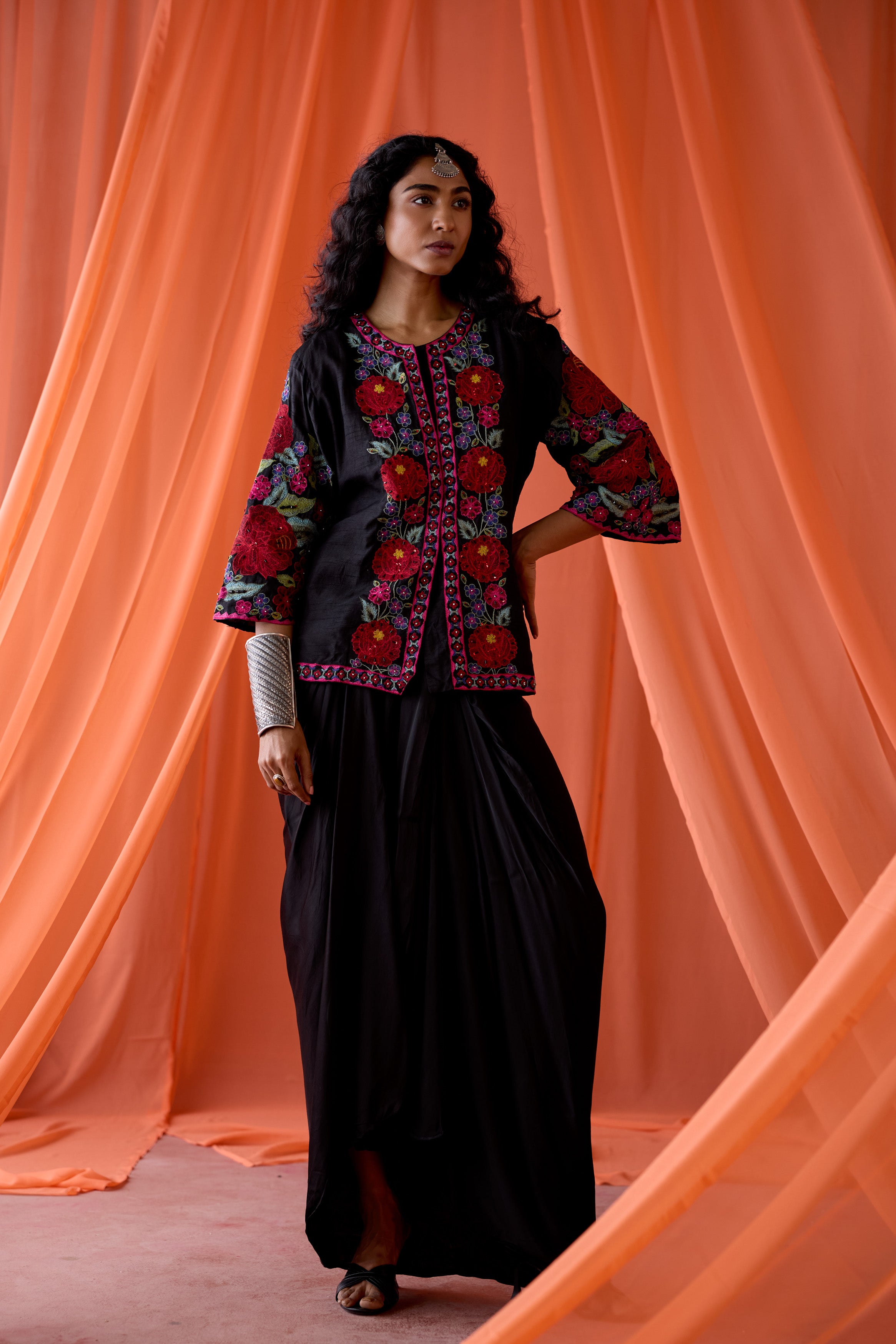 Classic Black Embellished Satin Silk Skirt Set