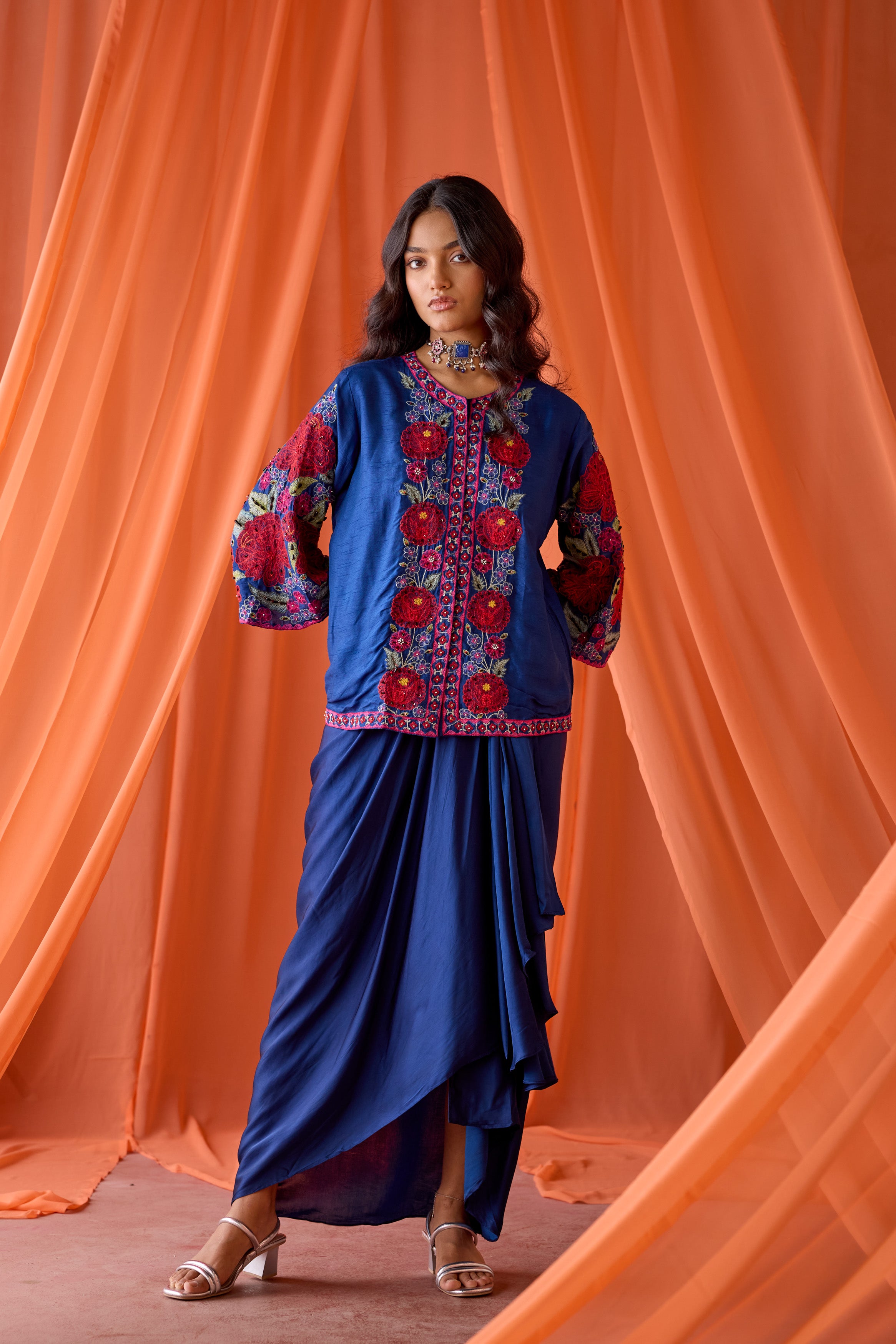 Royal Blue Embellished Satin Silk Skirt Set