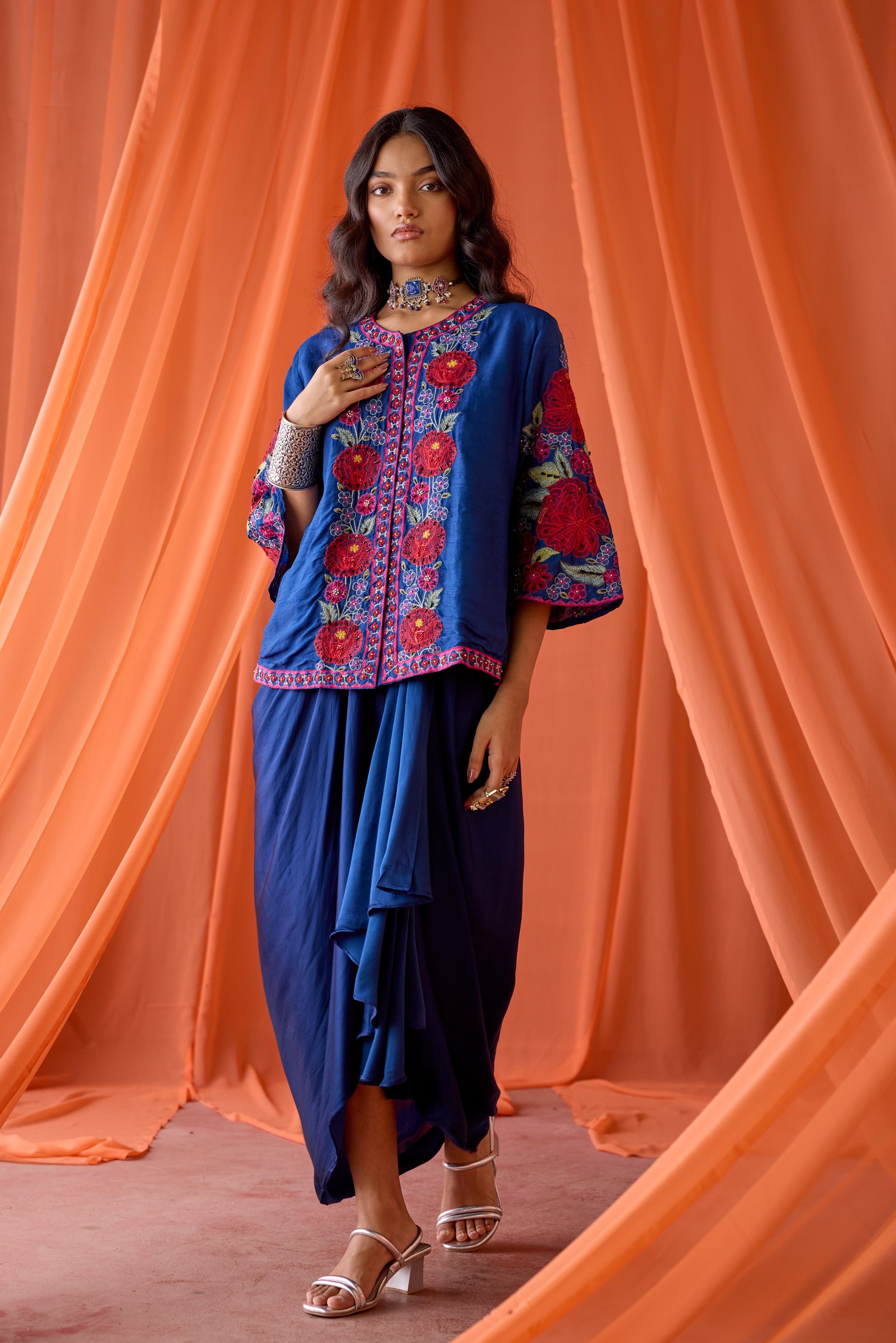 Royal Blue Embellished Satin Silk Skirt Set