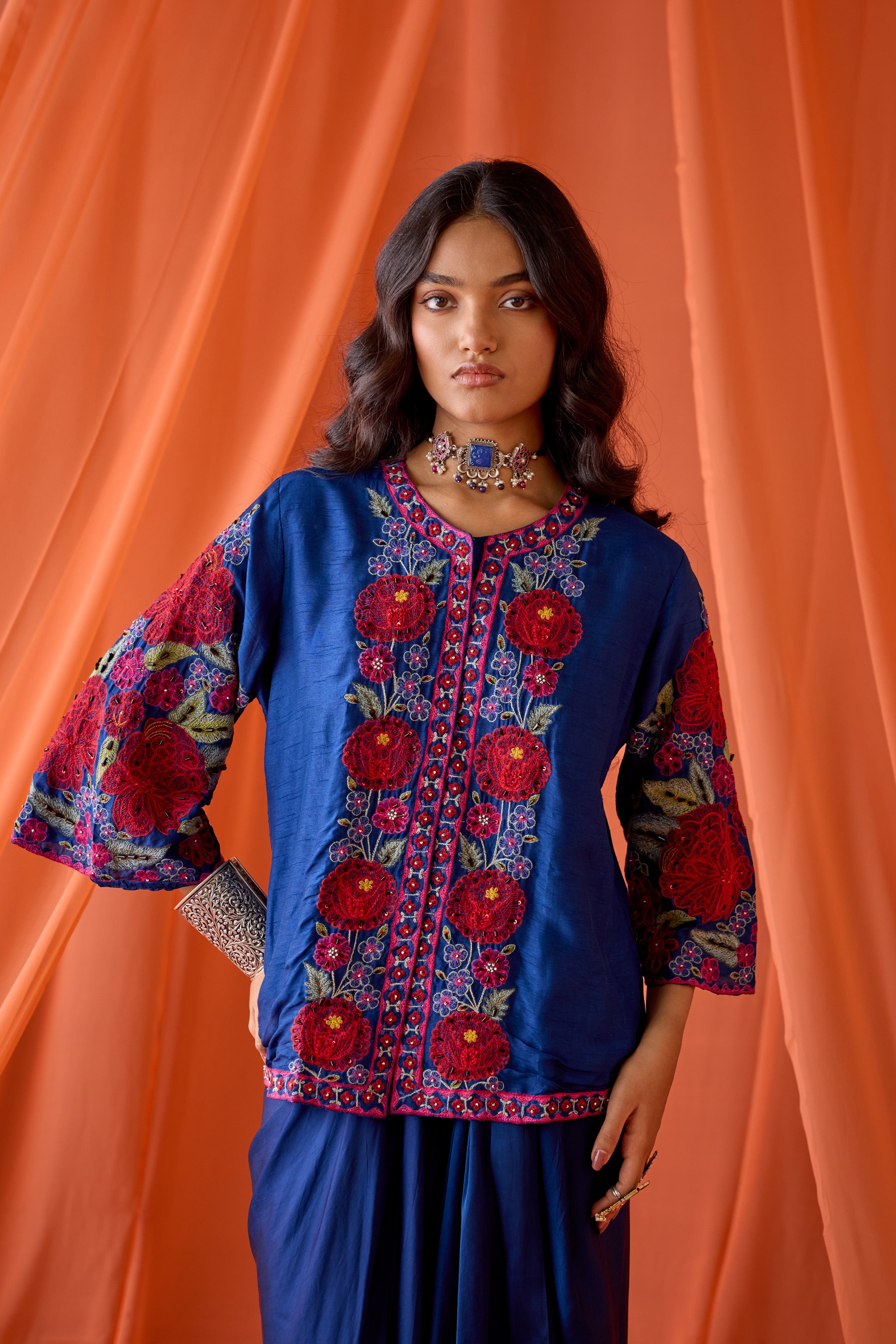 Royal Blue Embellished Satin Silk Skirt Set