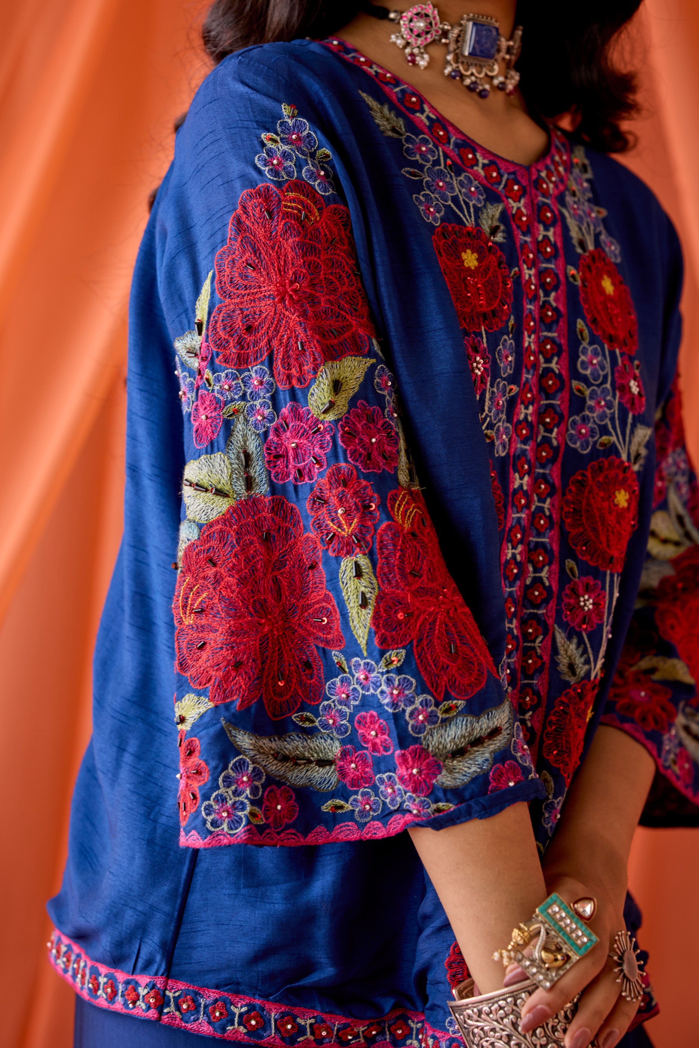 Royal Blue Embellished Satin Silk Skirt Set