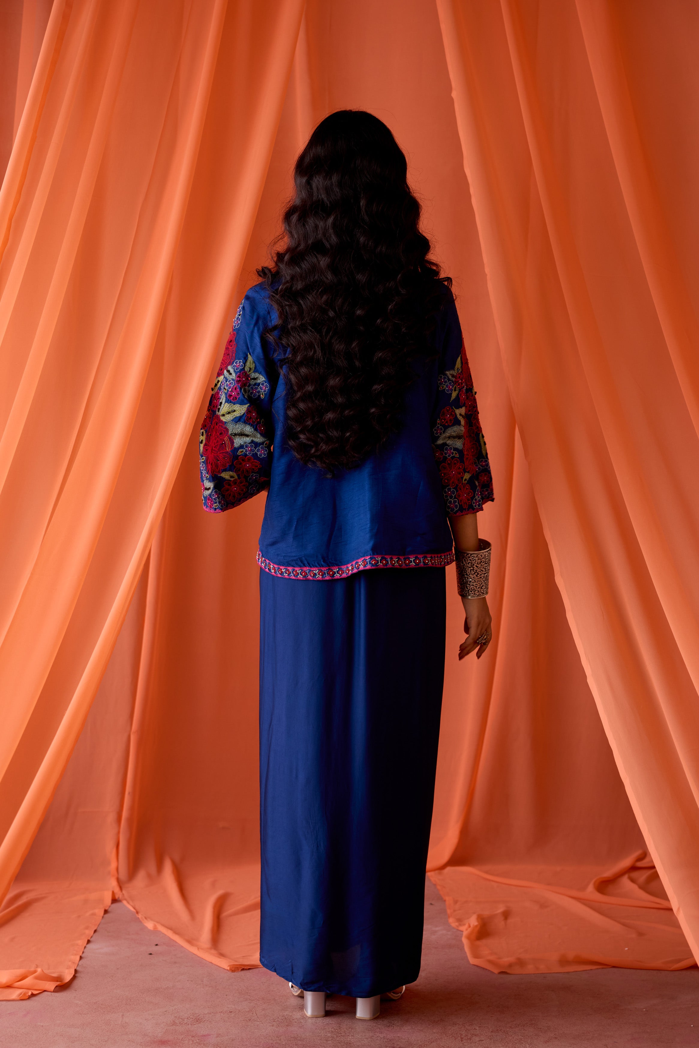 Royal Blue Embellished Satin Silk Skirt Set