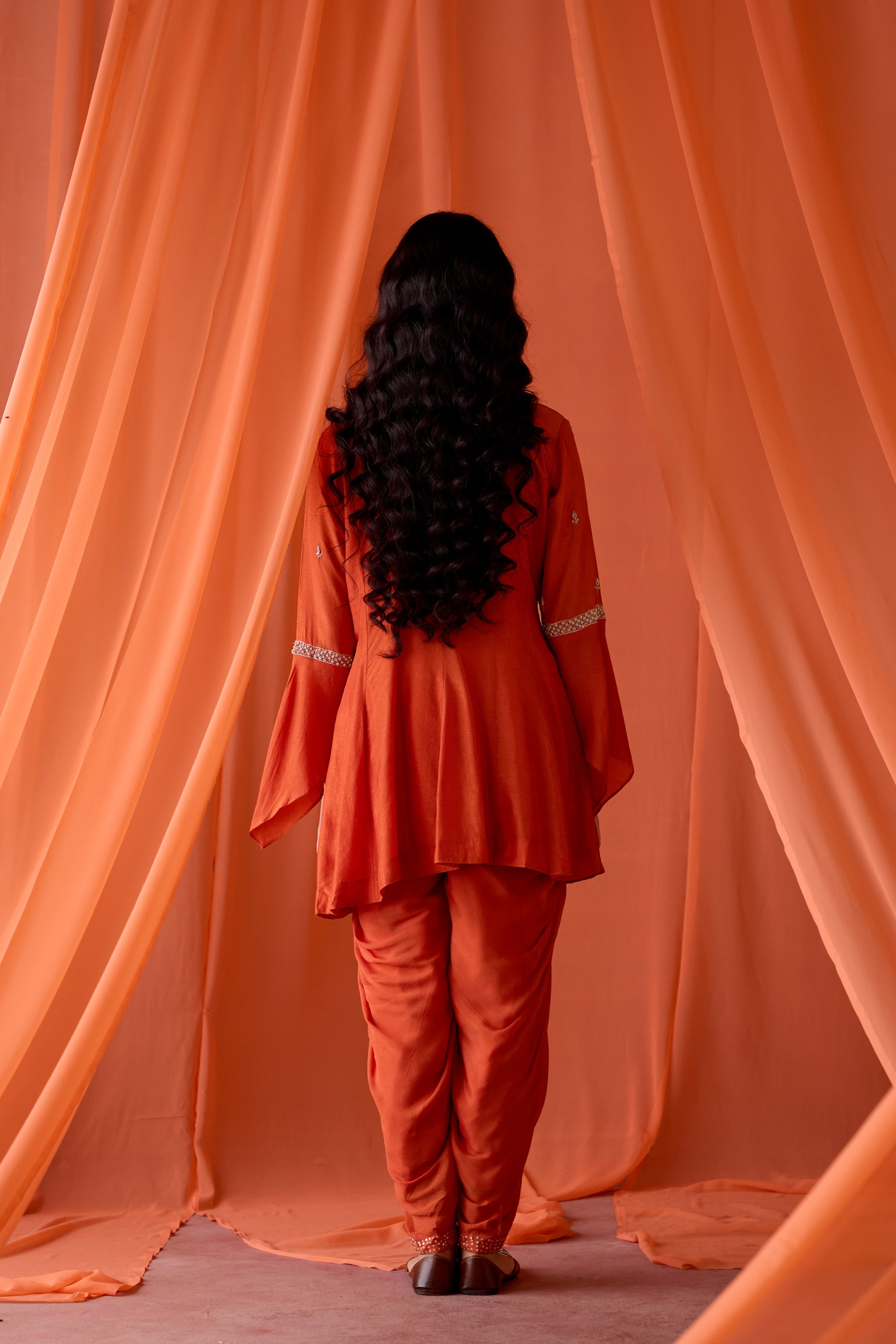 Dusky Orange Embellished Chinon Silk Dhoti Set