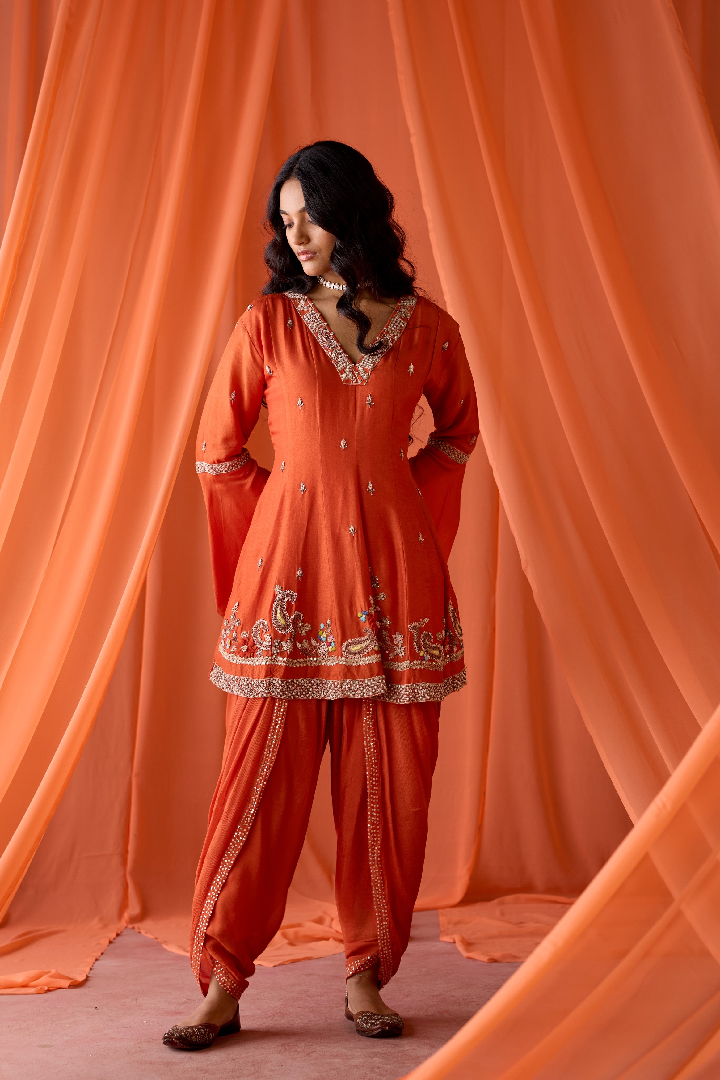 Dusky Orange Embellished Chinon Silk Dhoti Set