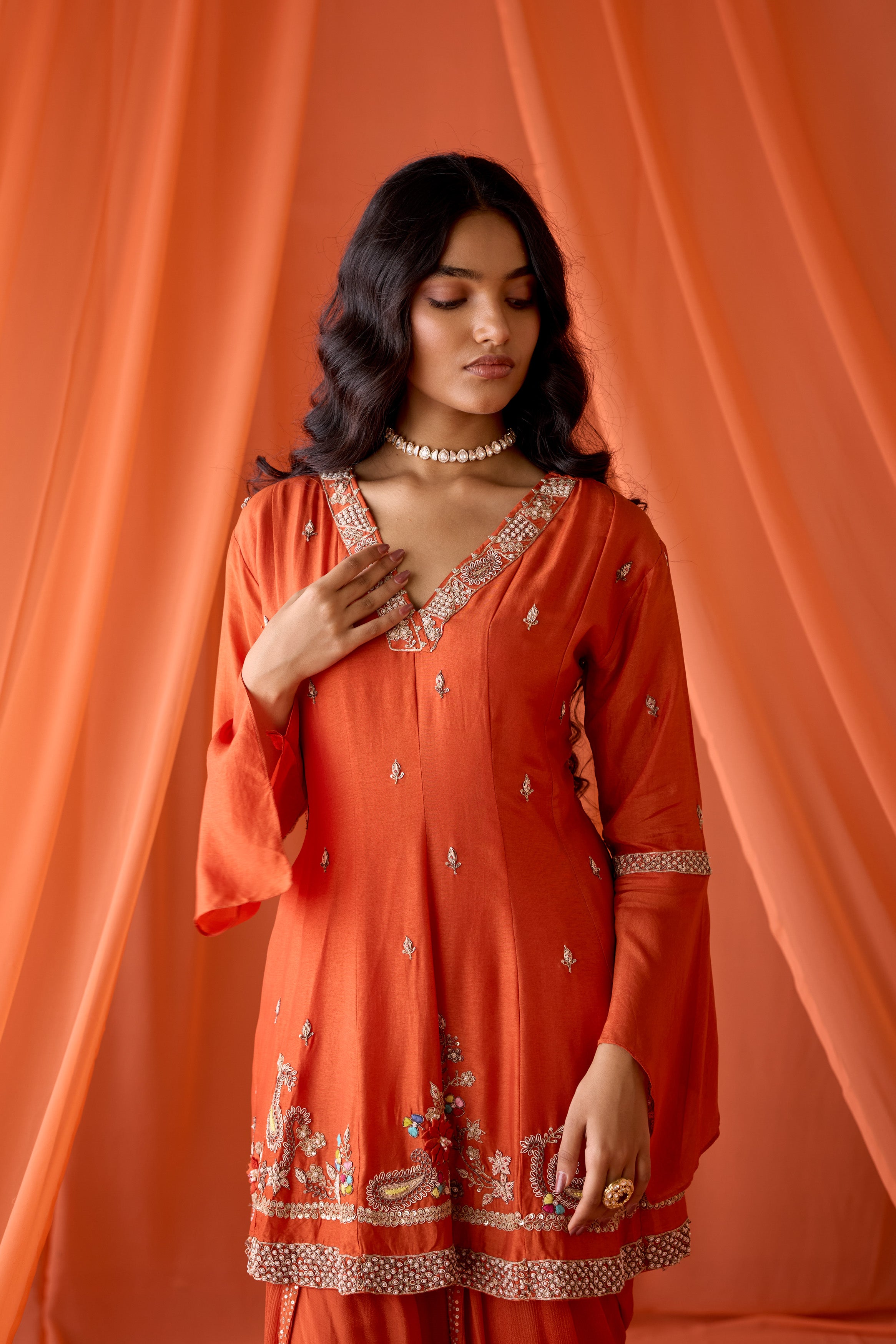 Dusky Orange Embellished Chinon Silk Dhoti Set