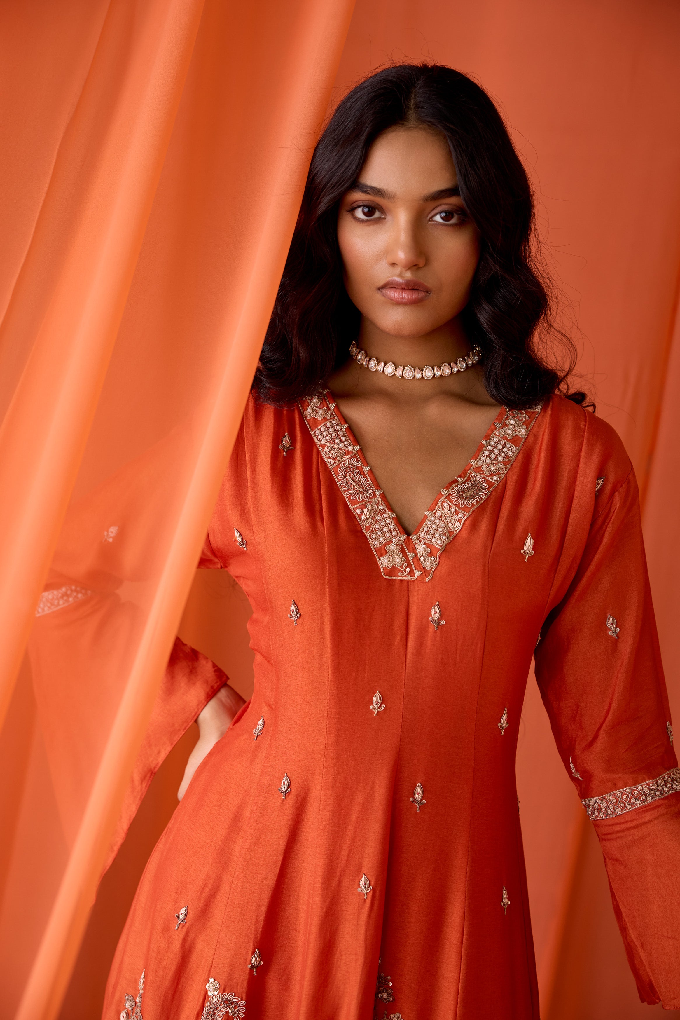 Dusky Orange Embellished Chinon Silk Dhoti Set