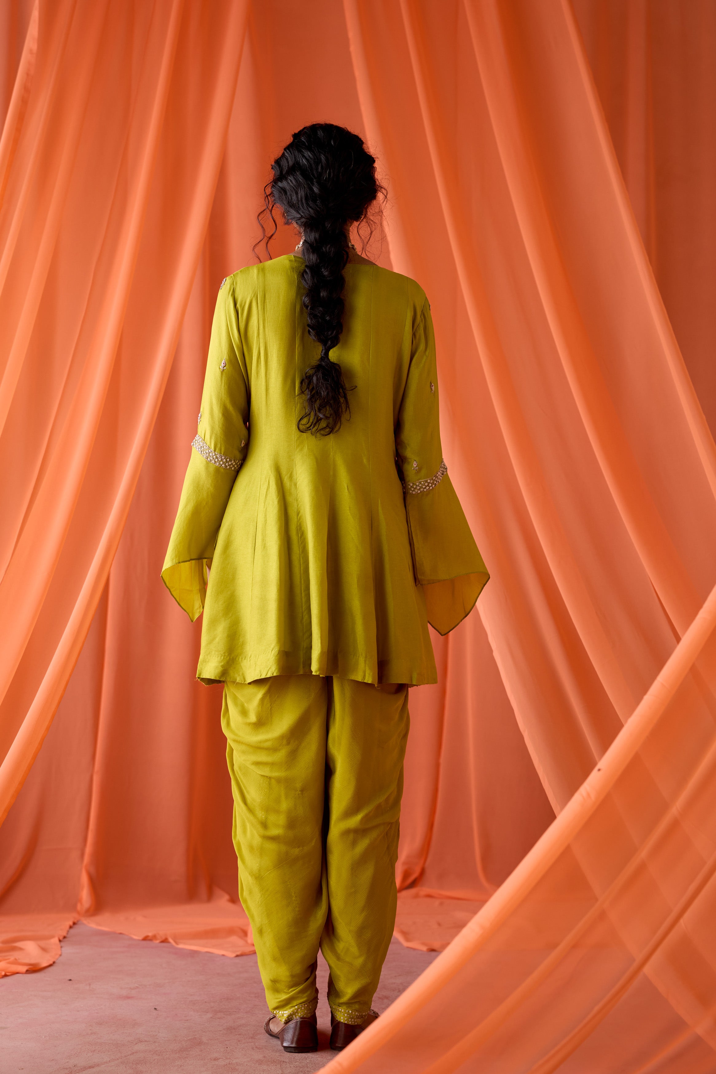 Parrot Green Embellished Chinon Silk Dhoti Set