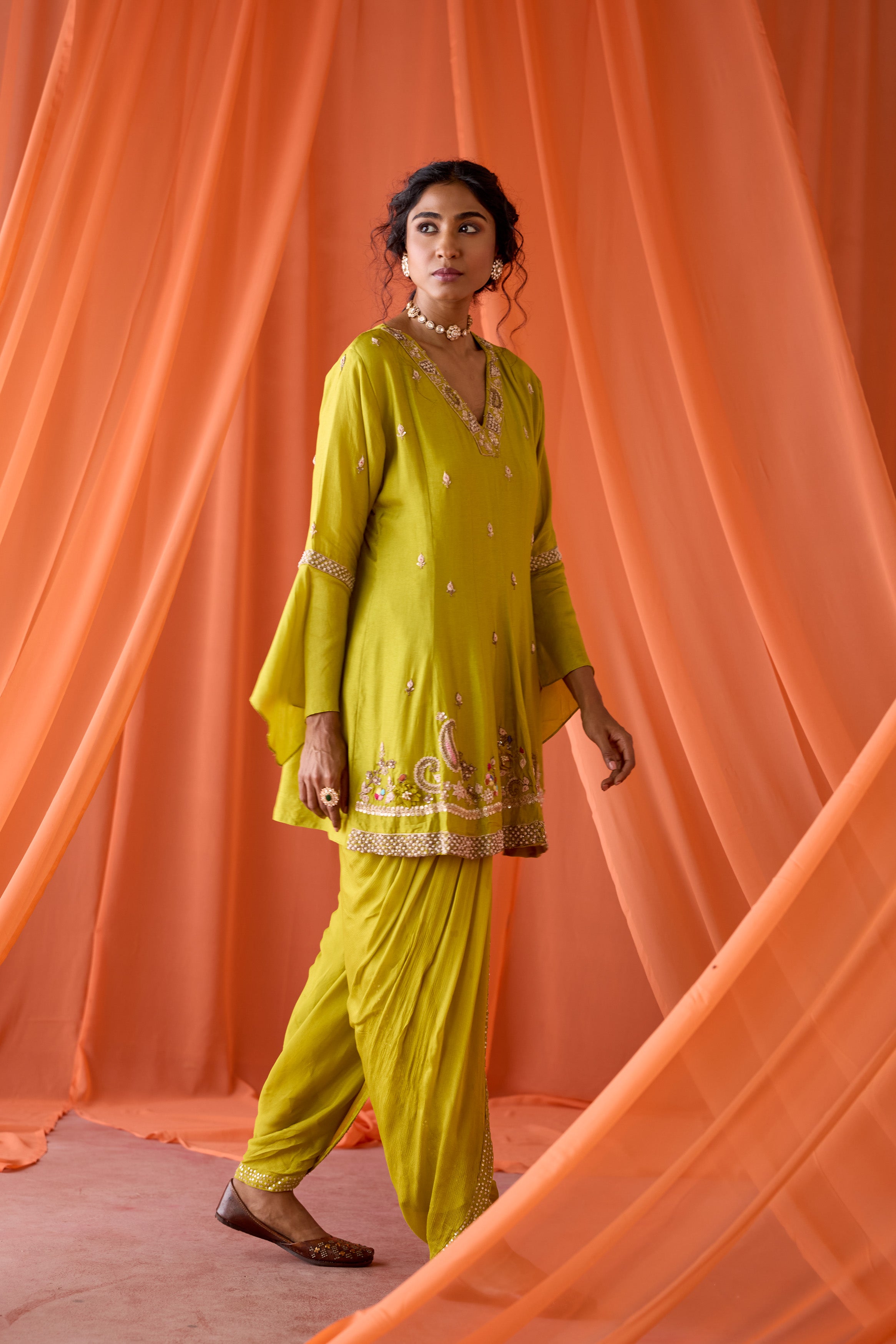 Parrot Green Embellished Chinon Silk Dhoti Set