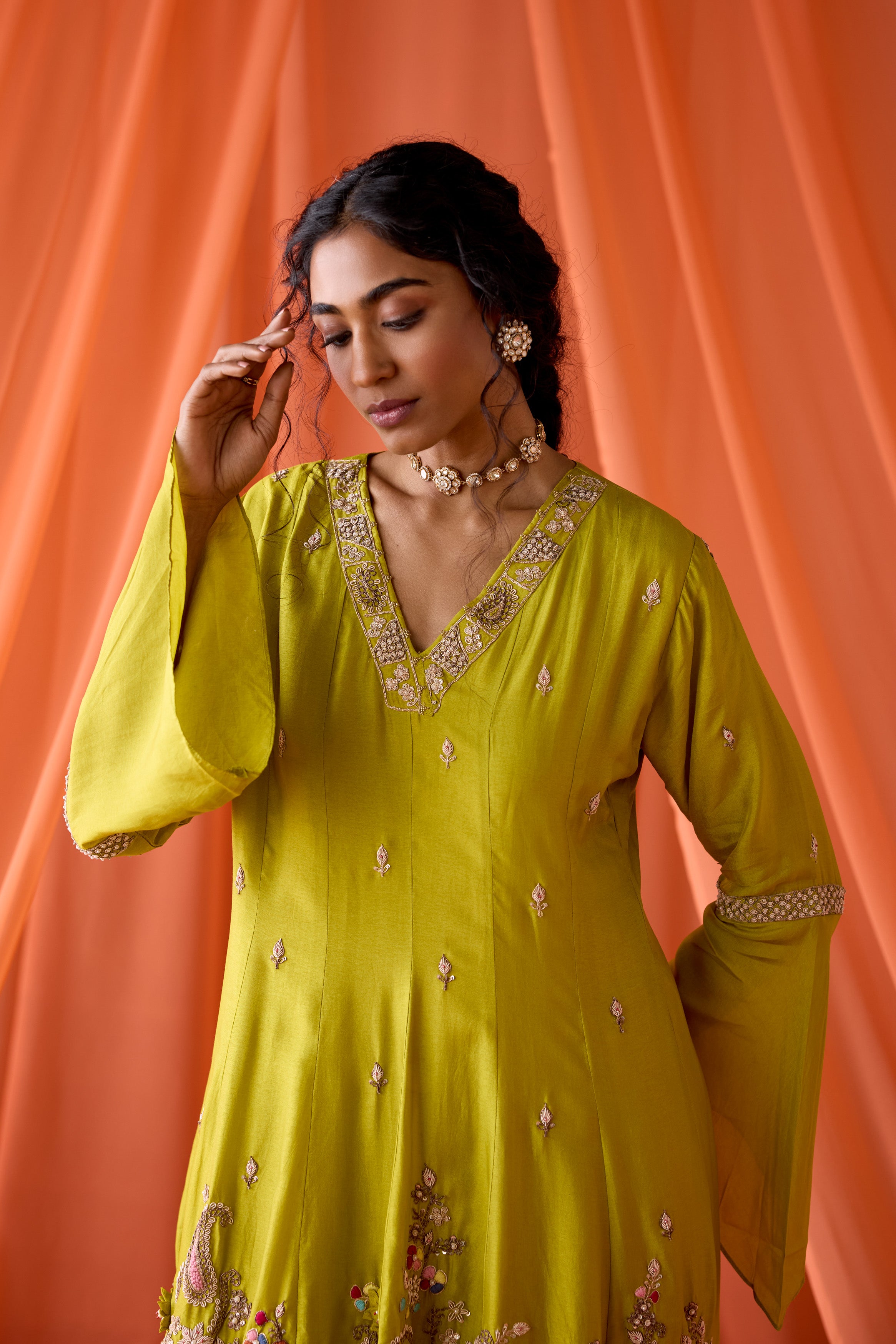 Parrot Green Embellished Chinon Silk Dhoti Set