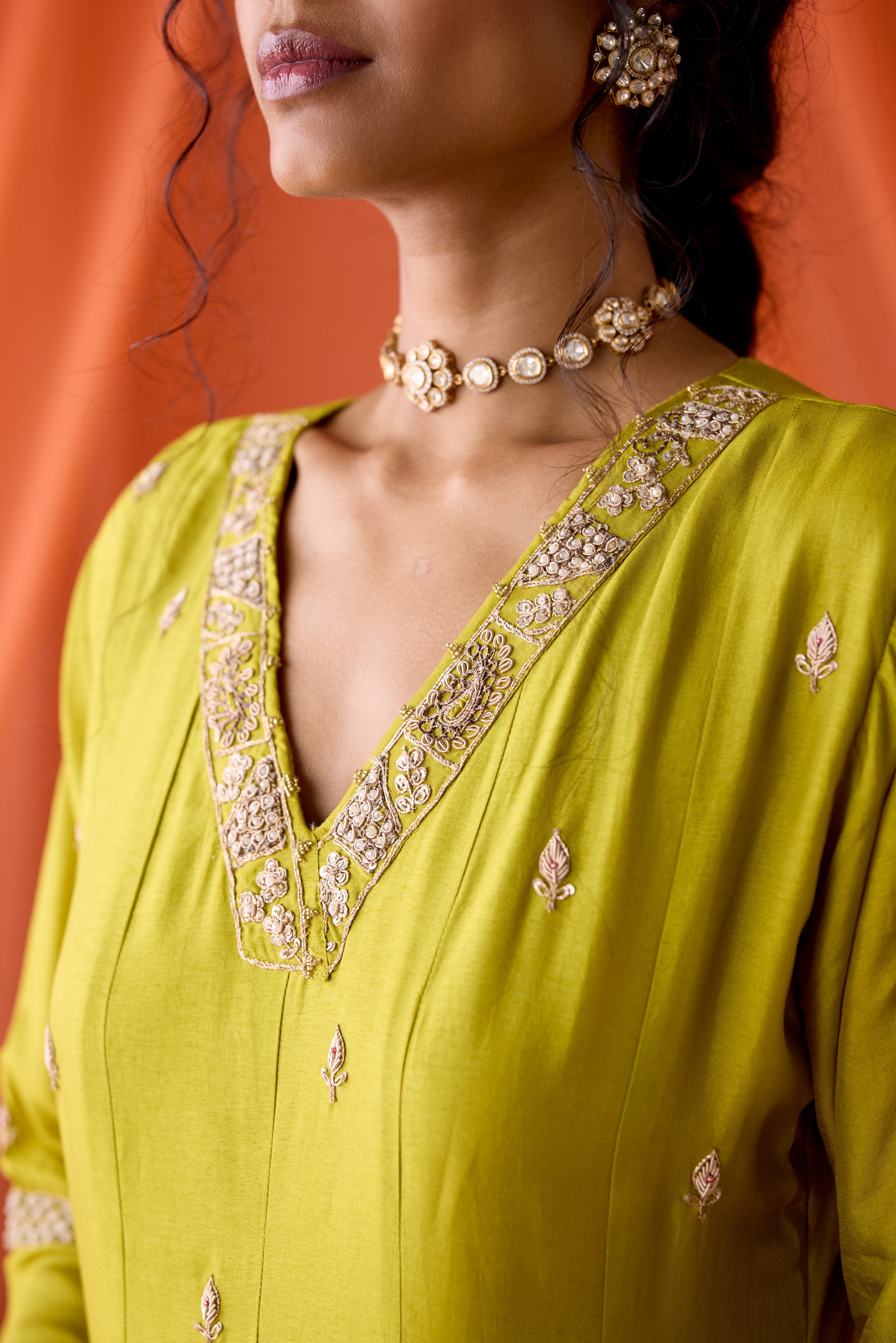 Parrot Green Embellished Chinon Silk Dhoti Set