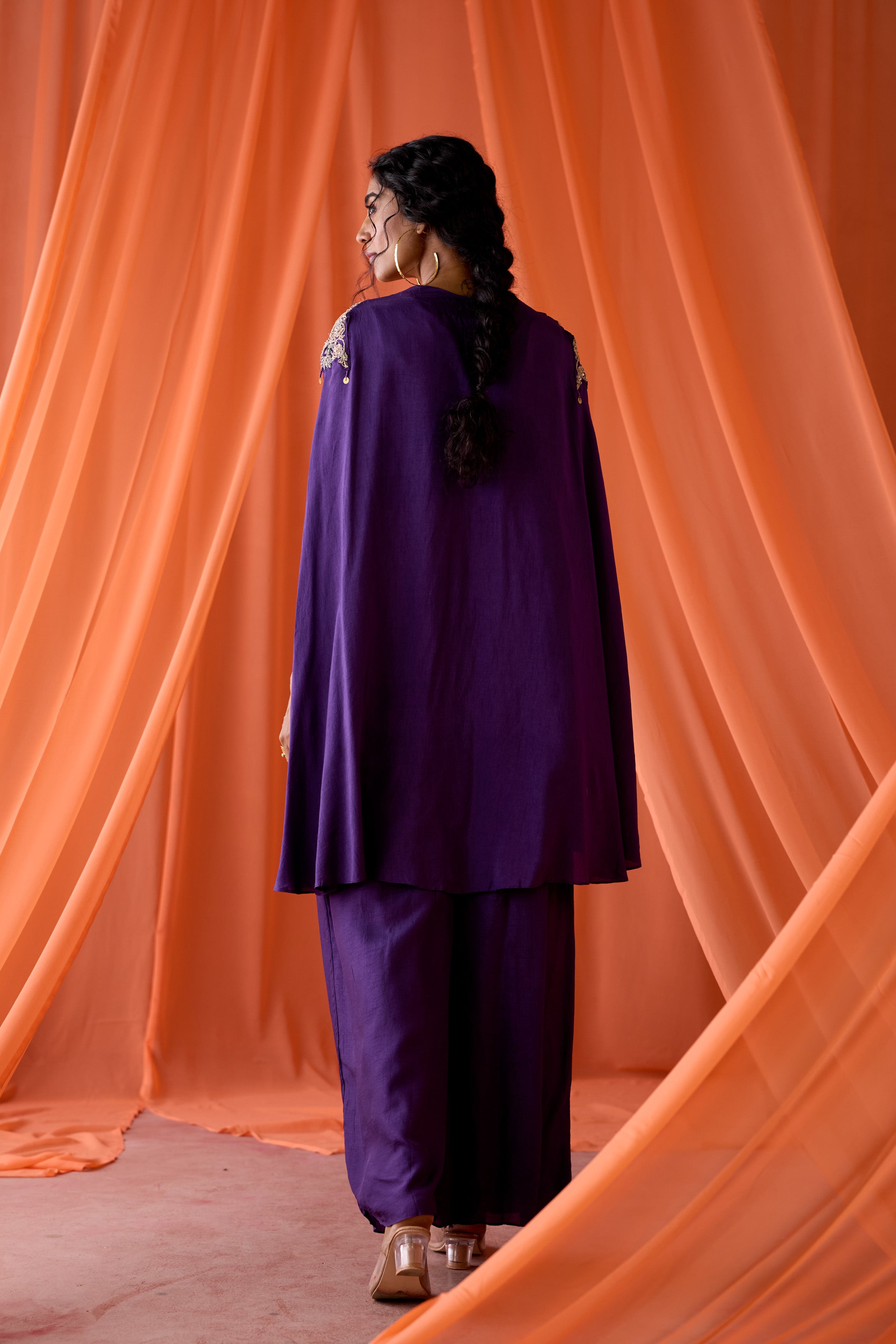 Violet Purple Embellished Raw Silk Kaftan Set