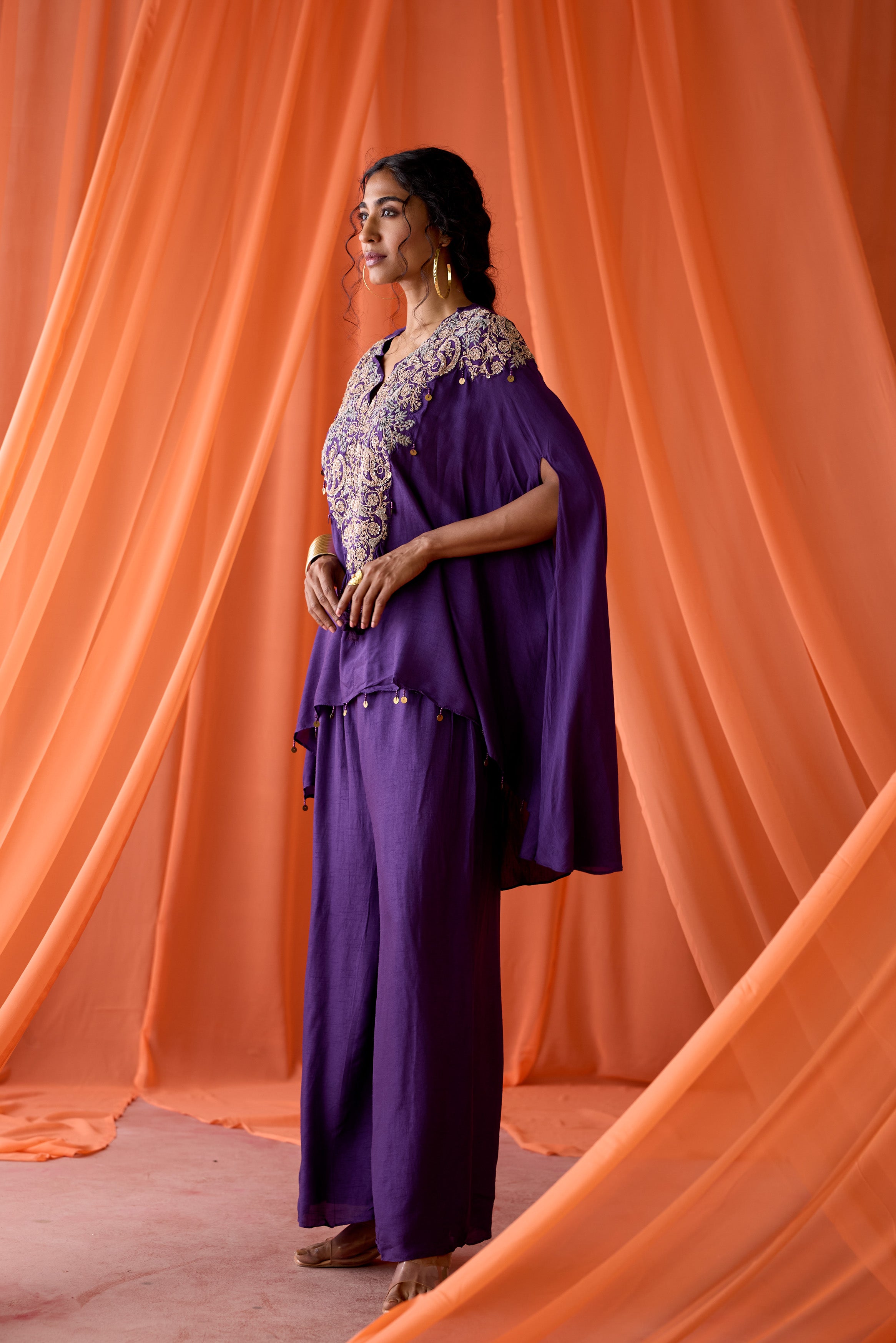 Violet Purple Embellished Raw Silk Kaftan Set