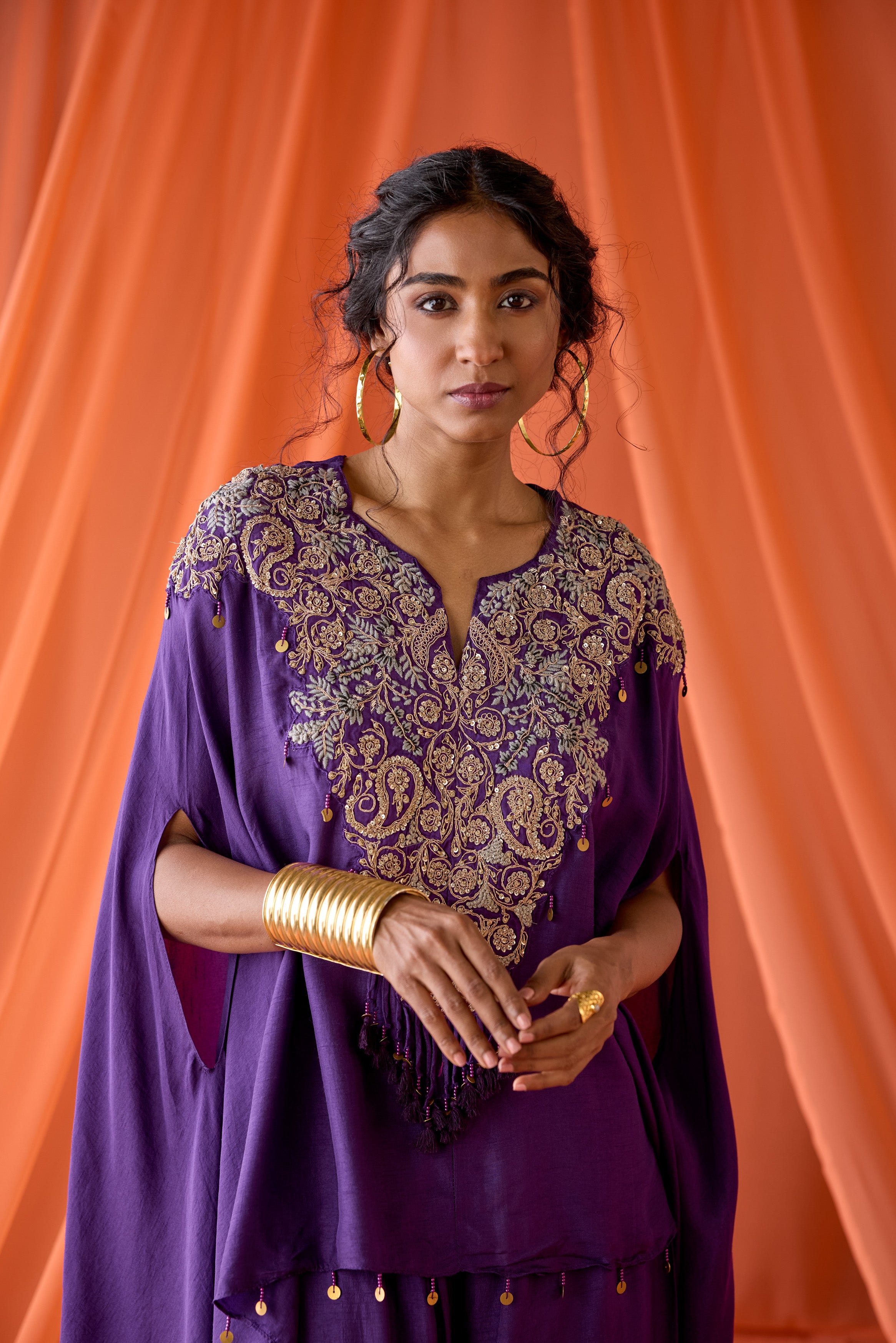 Violet Purple Embellished Raw Silk Kaftan Set