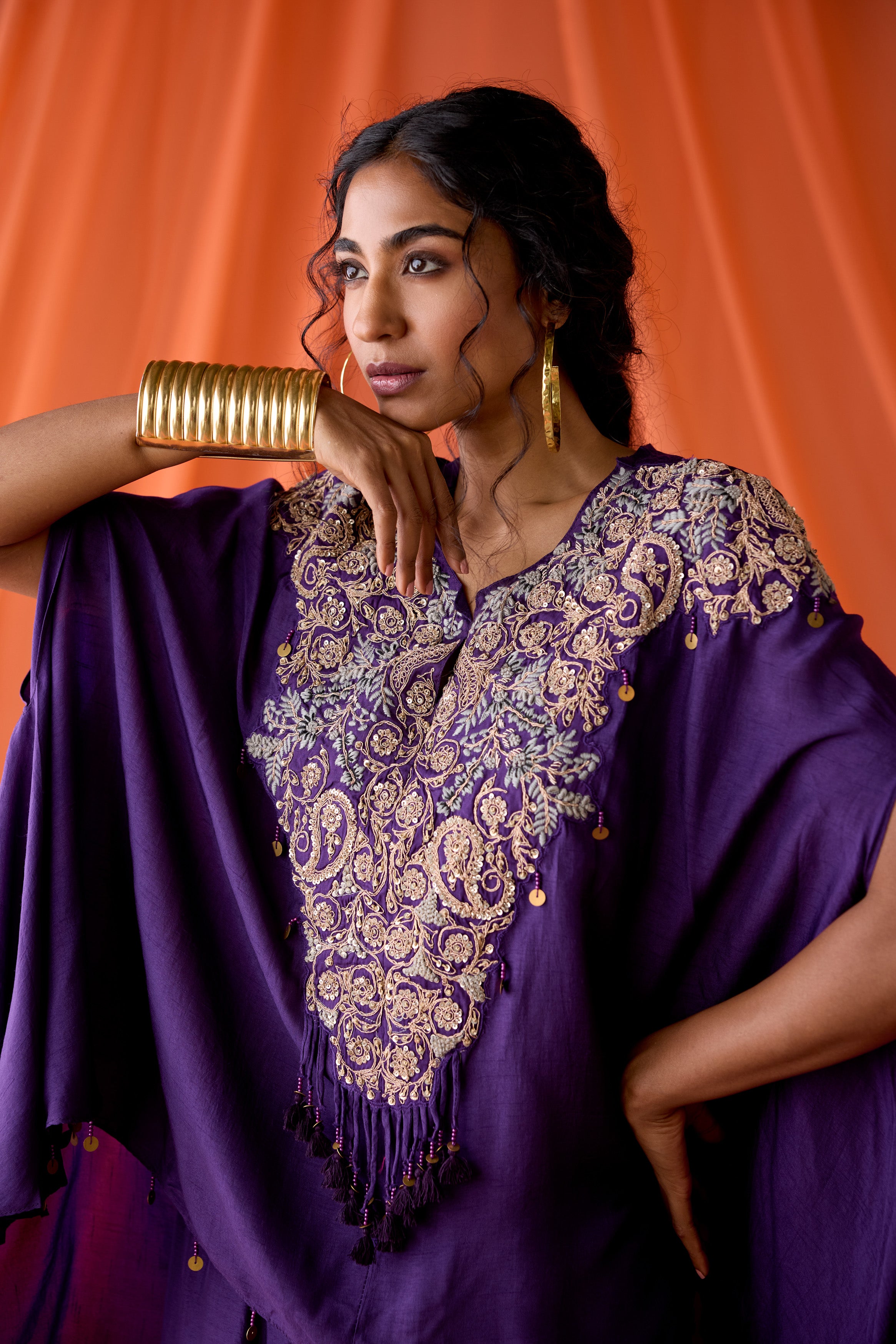 Violet Purple Embellished Raw Silk Kaftan Set