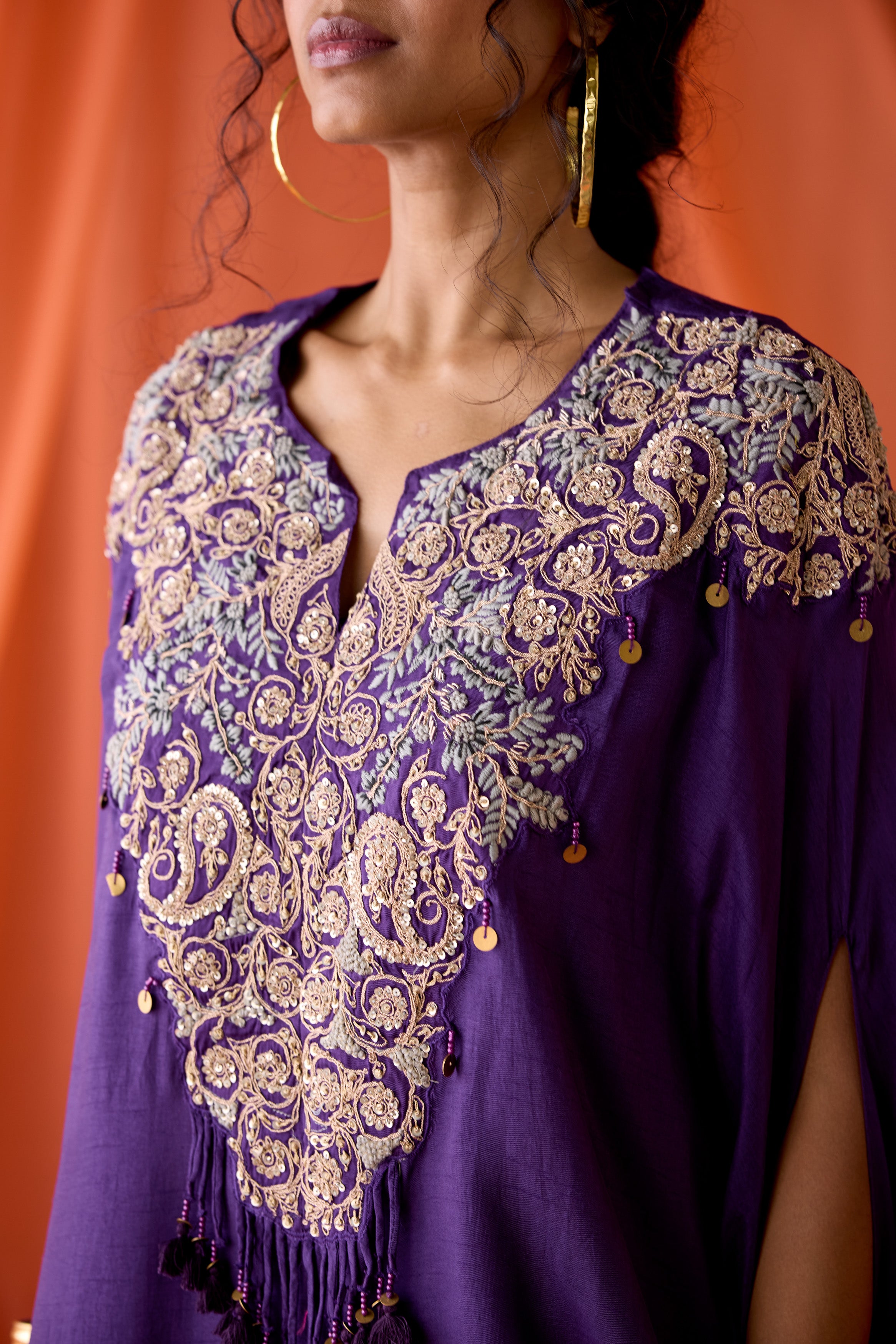 Violet Purple Embellished Raw Silk Kaftan Set