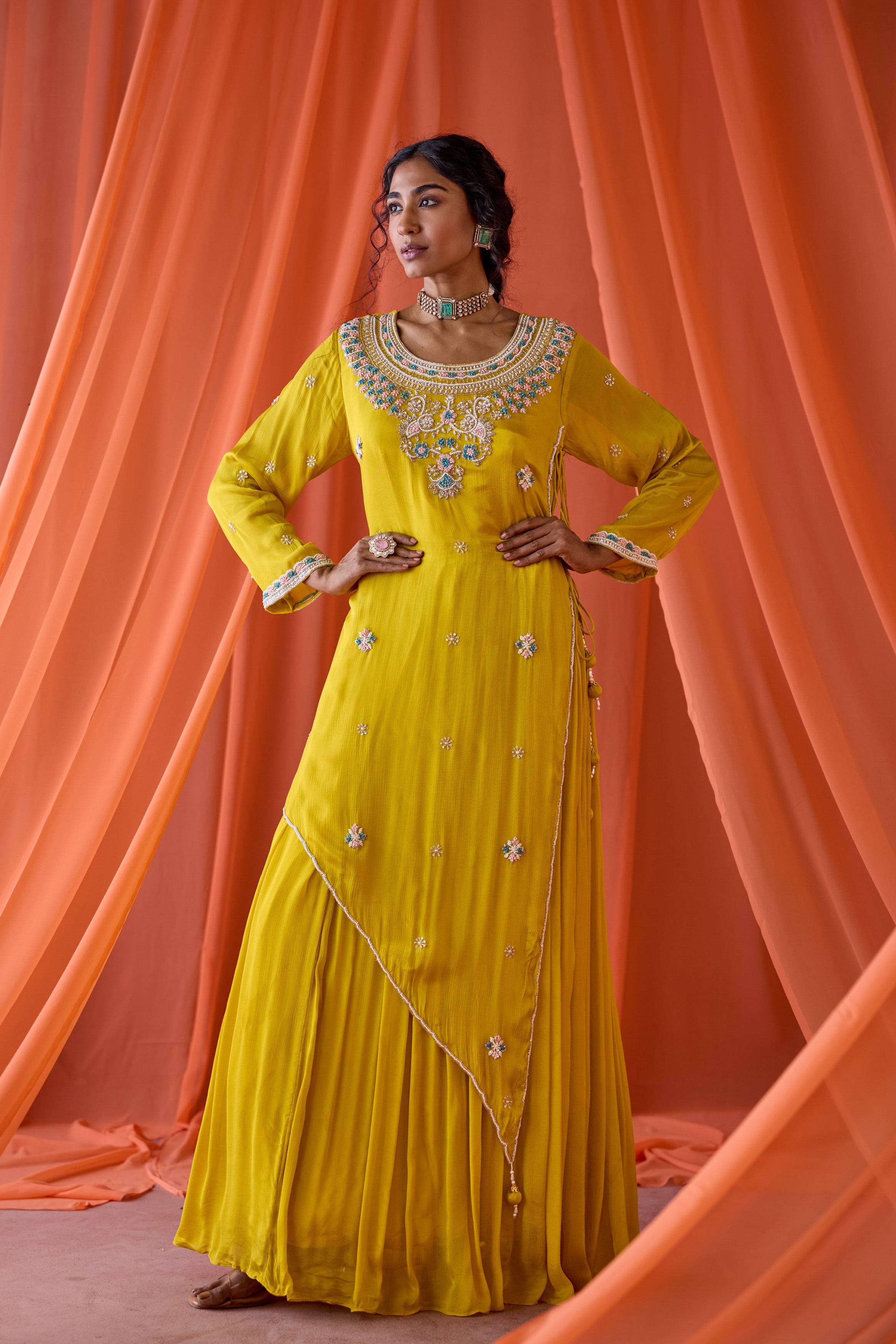 Marigold Yellow Embellished Chinon Silk Gown