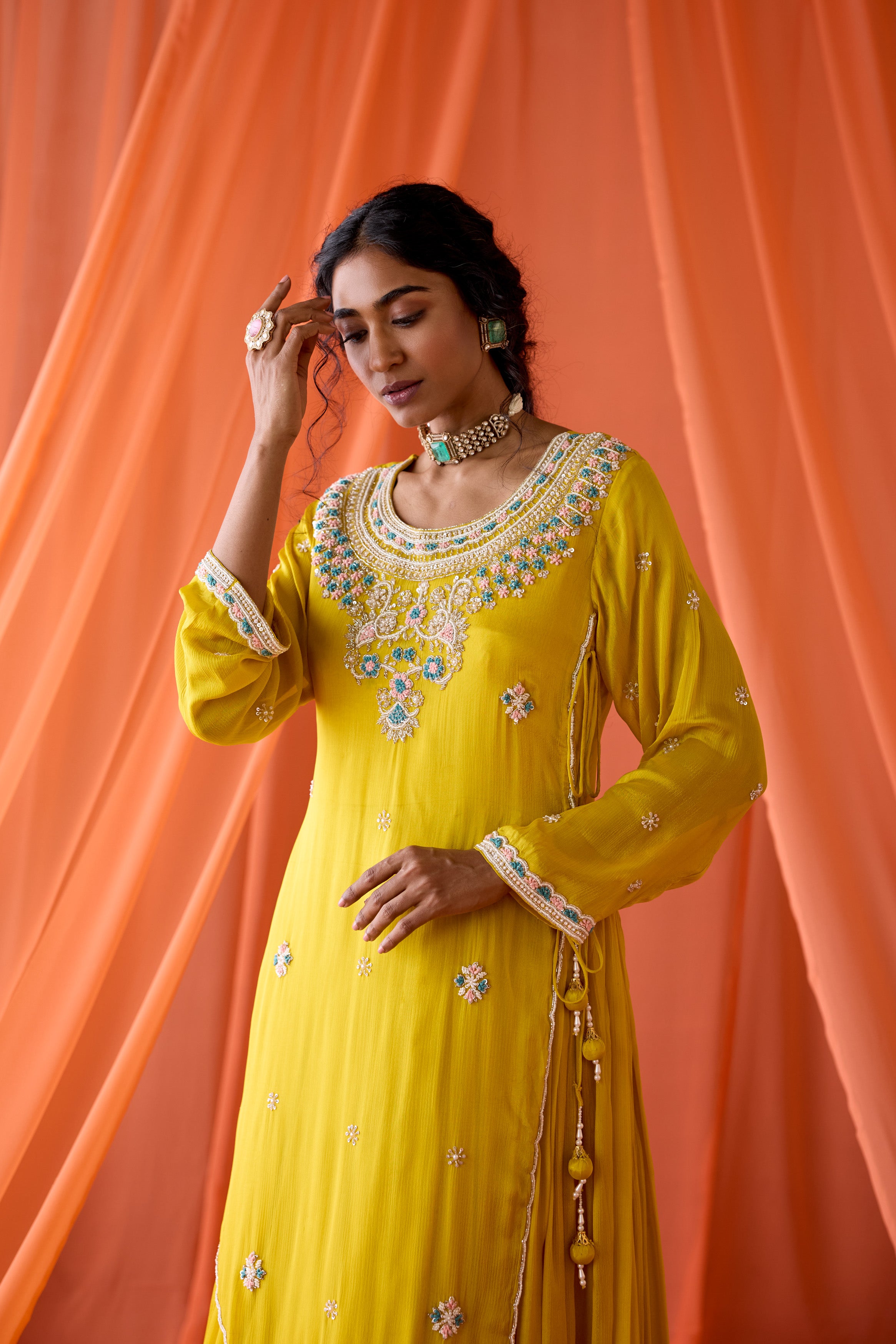 Marigold Yellow Embellished Chinon Silk Gown
