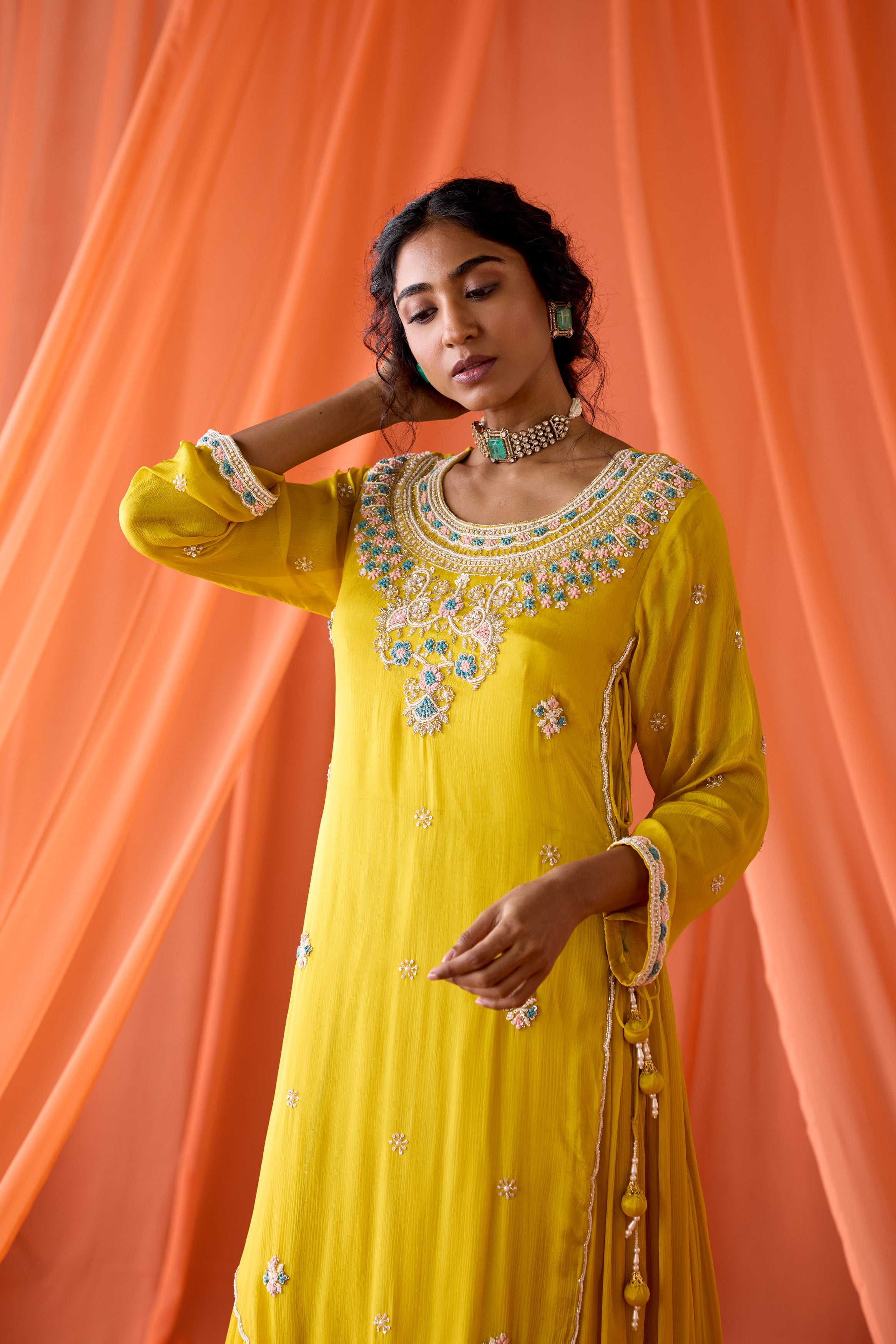 Marigold Yellow Embellished Chinon Silk Gown