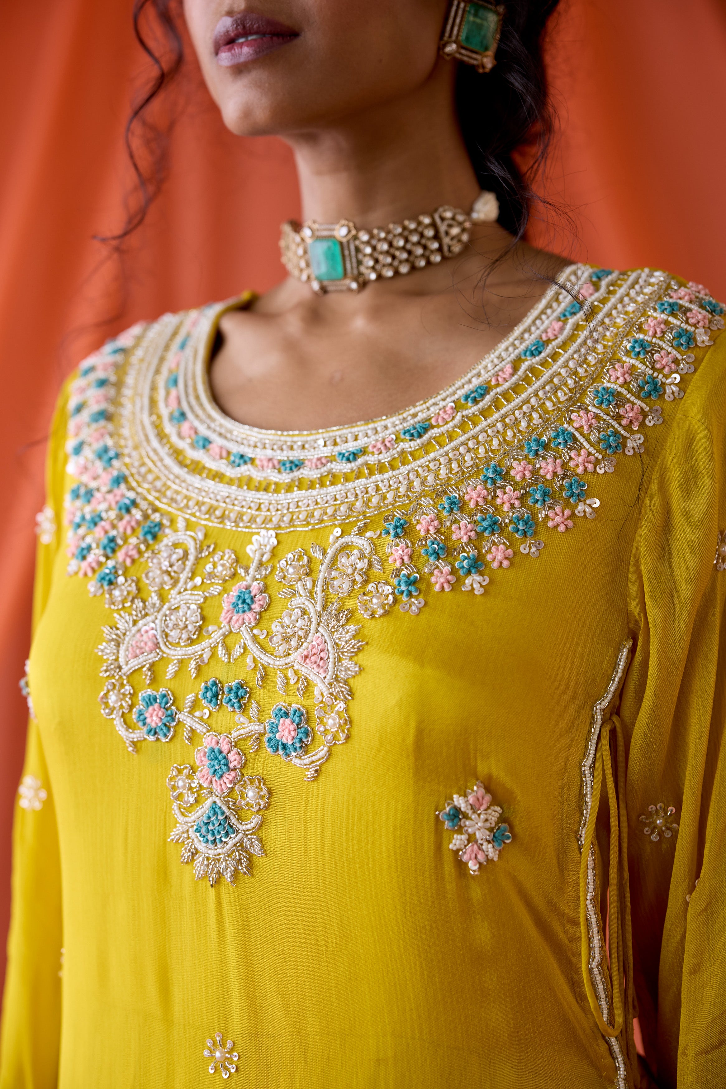 Marigold Yellow Embellished Chinon Silk Gown