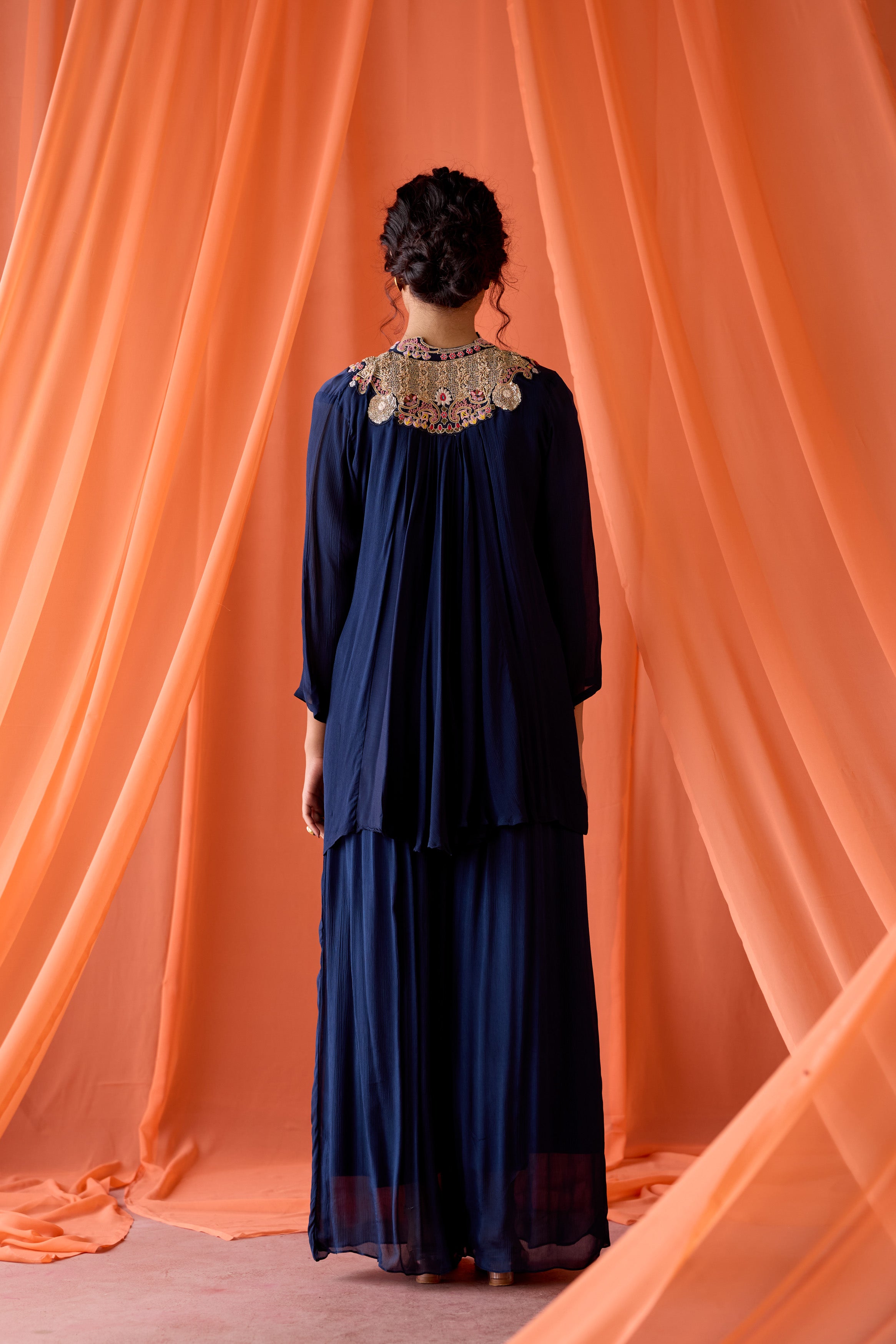 Navy Blue Embellished Chinon Silk Sharara Set
