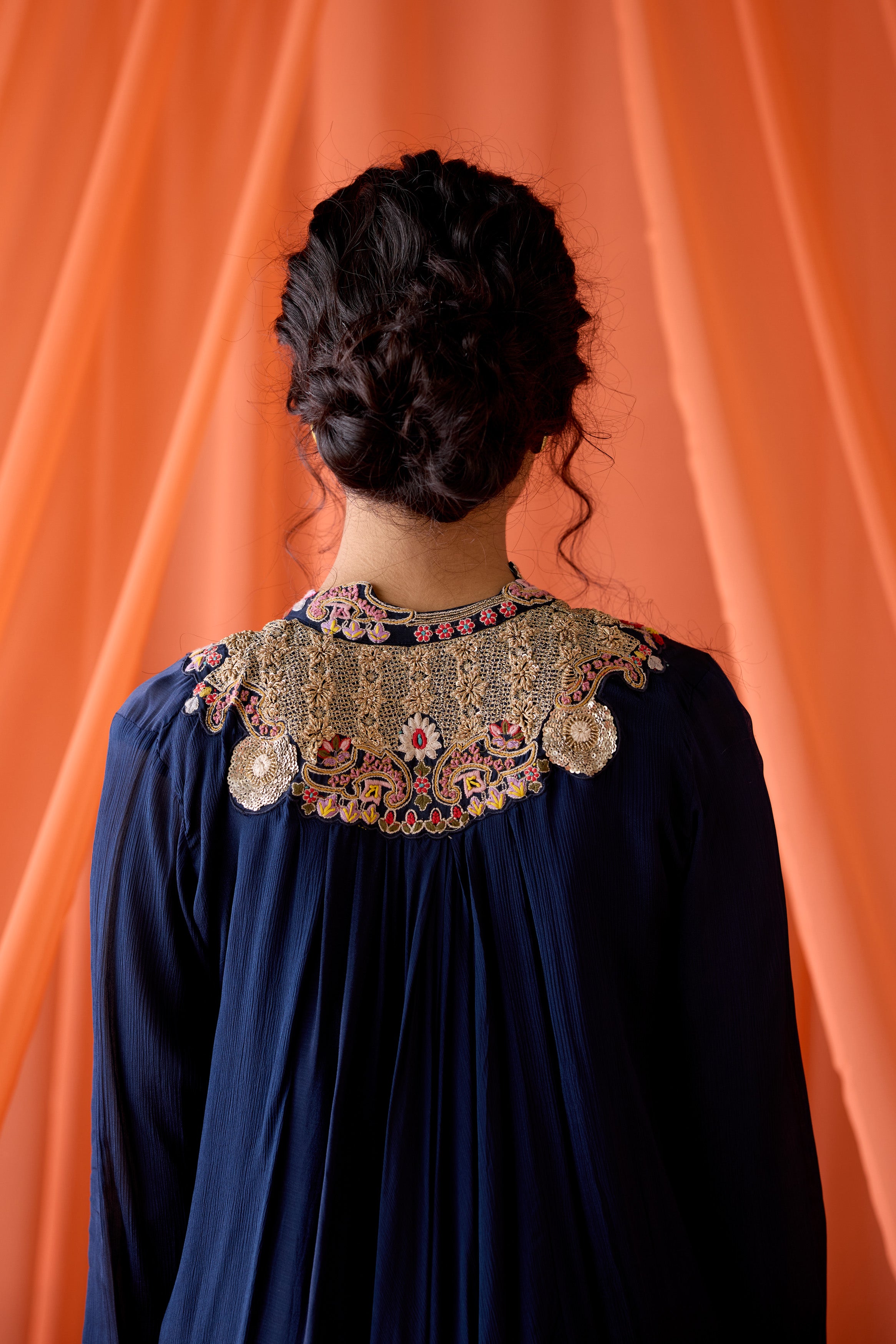 Navy Blue Embellished Chinon Silk Sharara Set