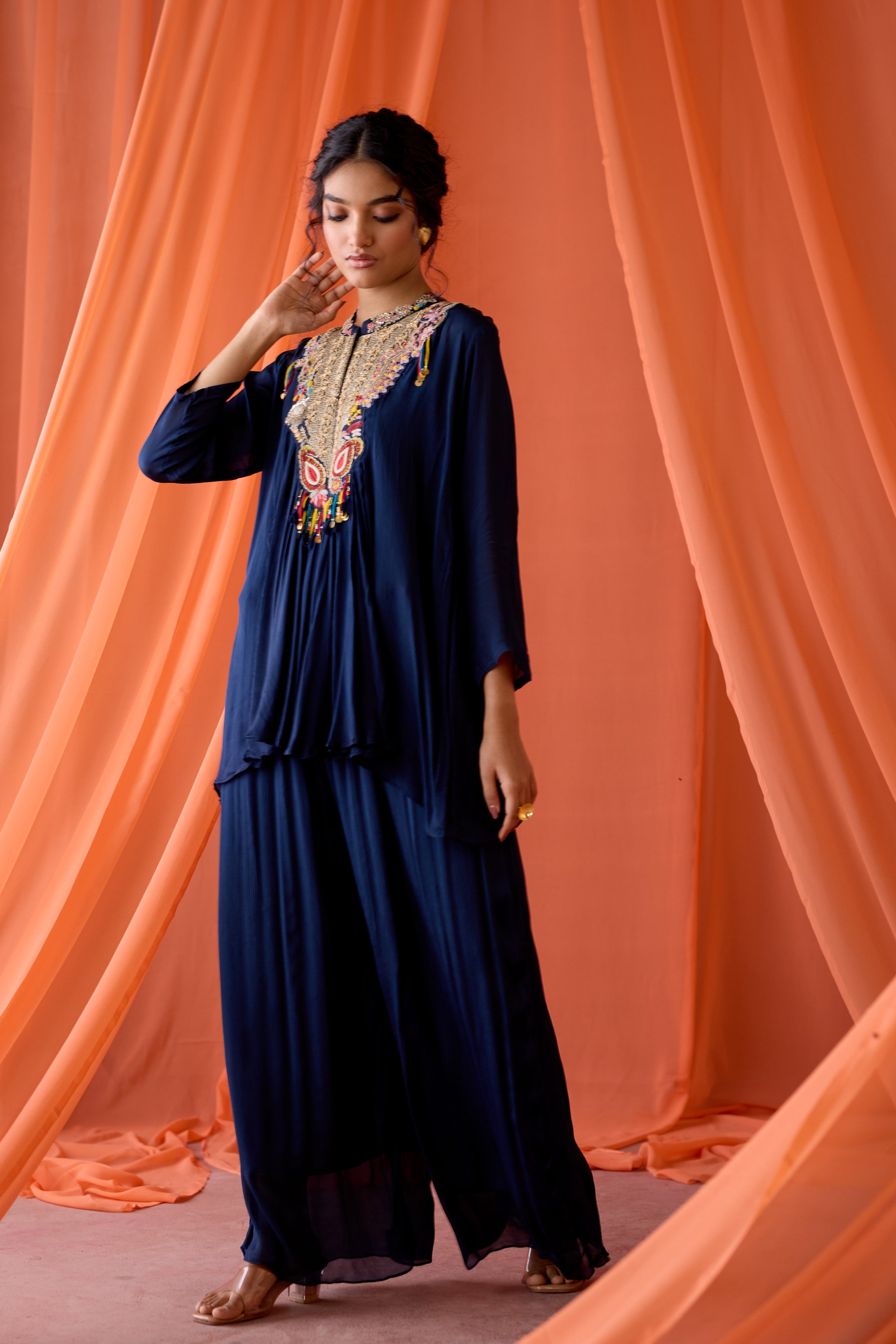 Navy Blue Embellished Chinon Silk Sharara Set