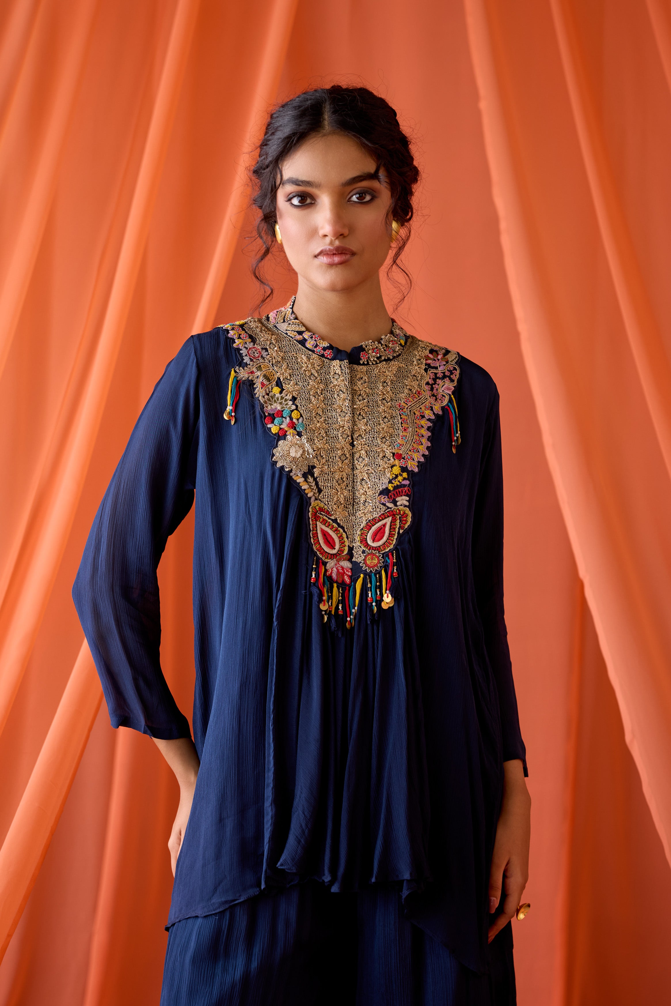 Navy Blue Embellished Chinon Silk Sharara Set