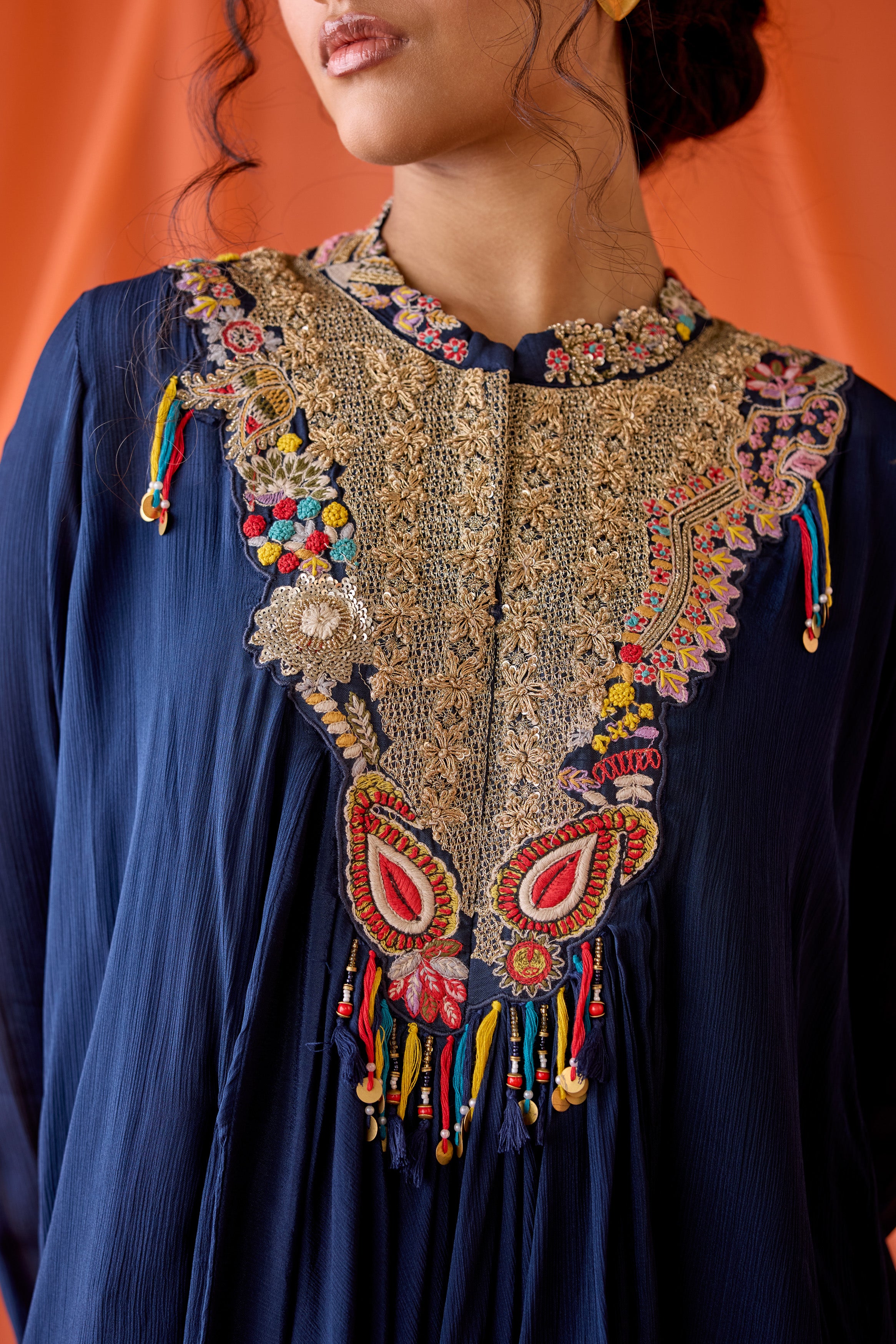 Navy Blue Embellished Chinon Silk Sharara Set