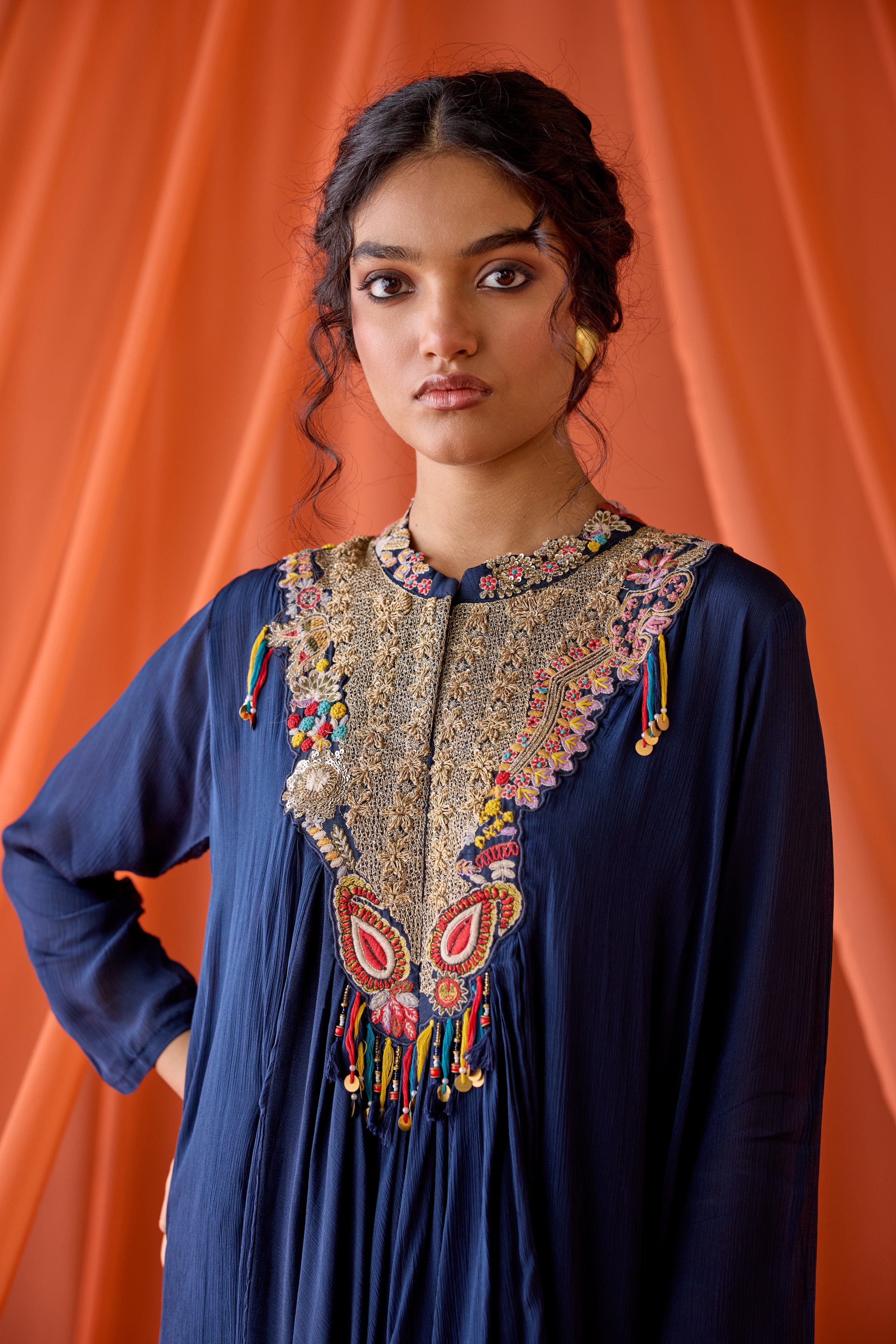 Navy Blue Embellished Chinon Silk Sharara Set