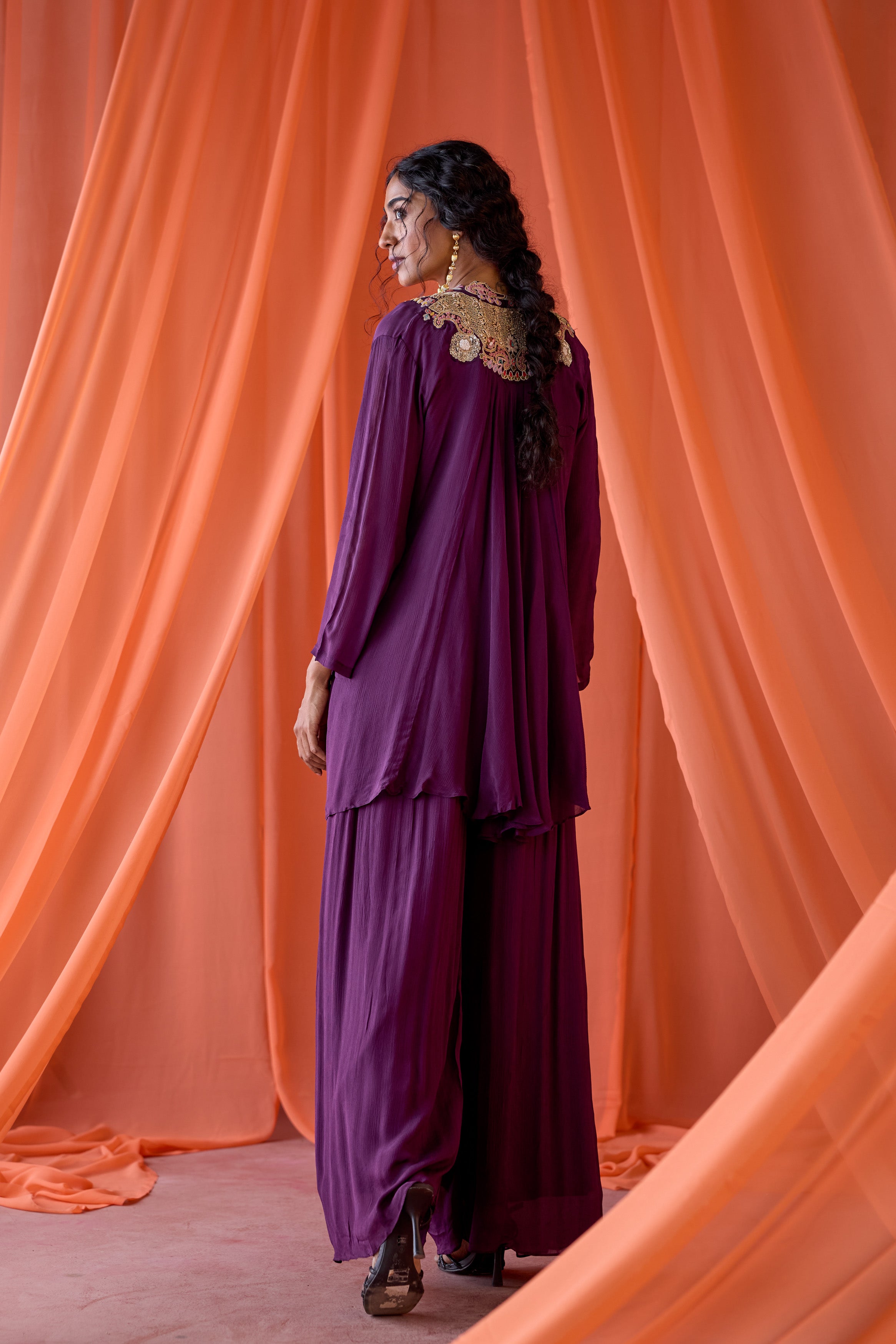 Royal Plum Embellished Chinon Silk Sharara Set