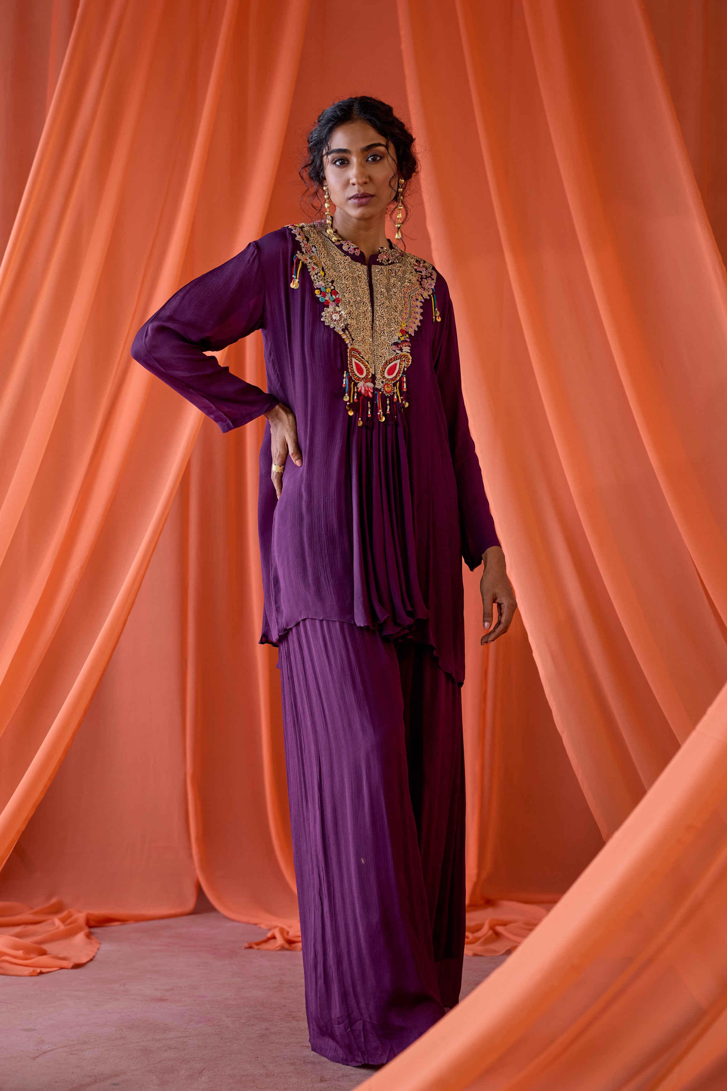 Royal Plum Embellished Chinon Silk Sharara Set