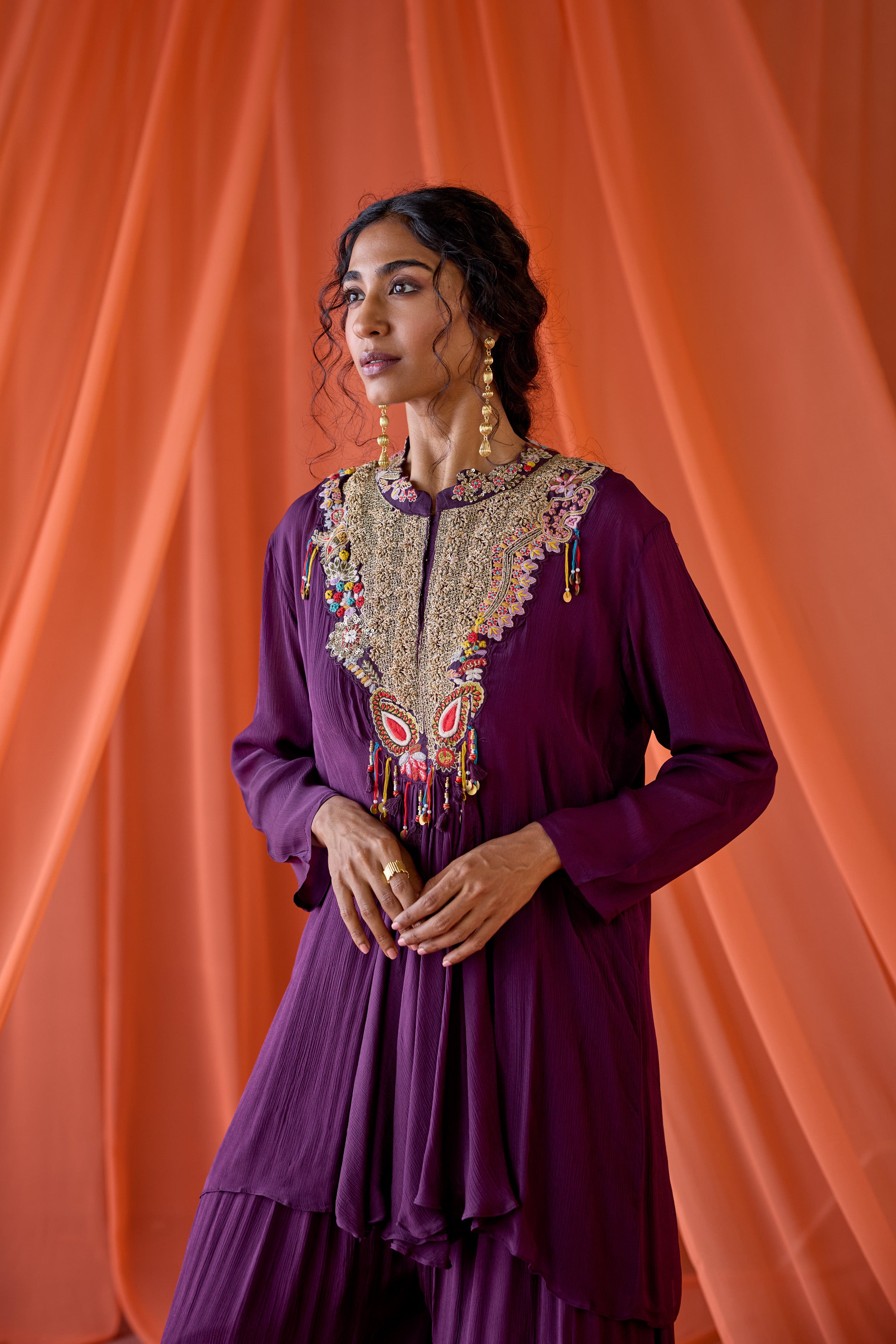 Royal Plum Embellished Chinon Silk Sharara Set
