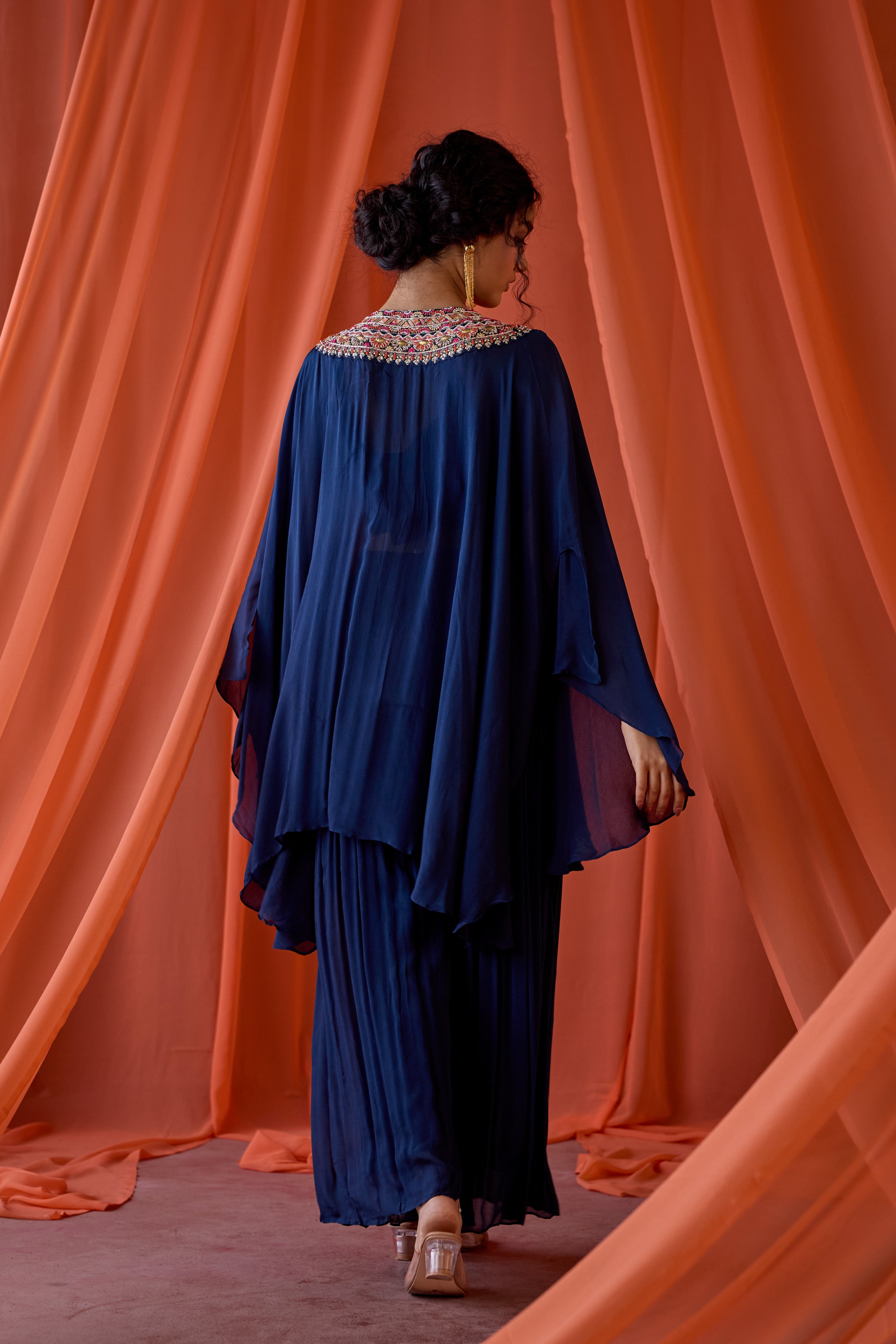 Midnight Blue Embellished Chinon Silk Kaftan Set
