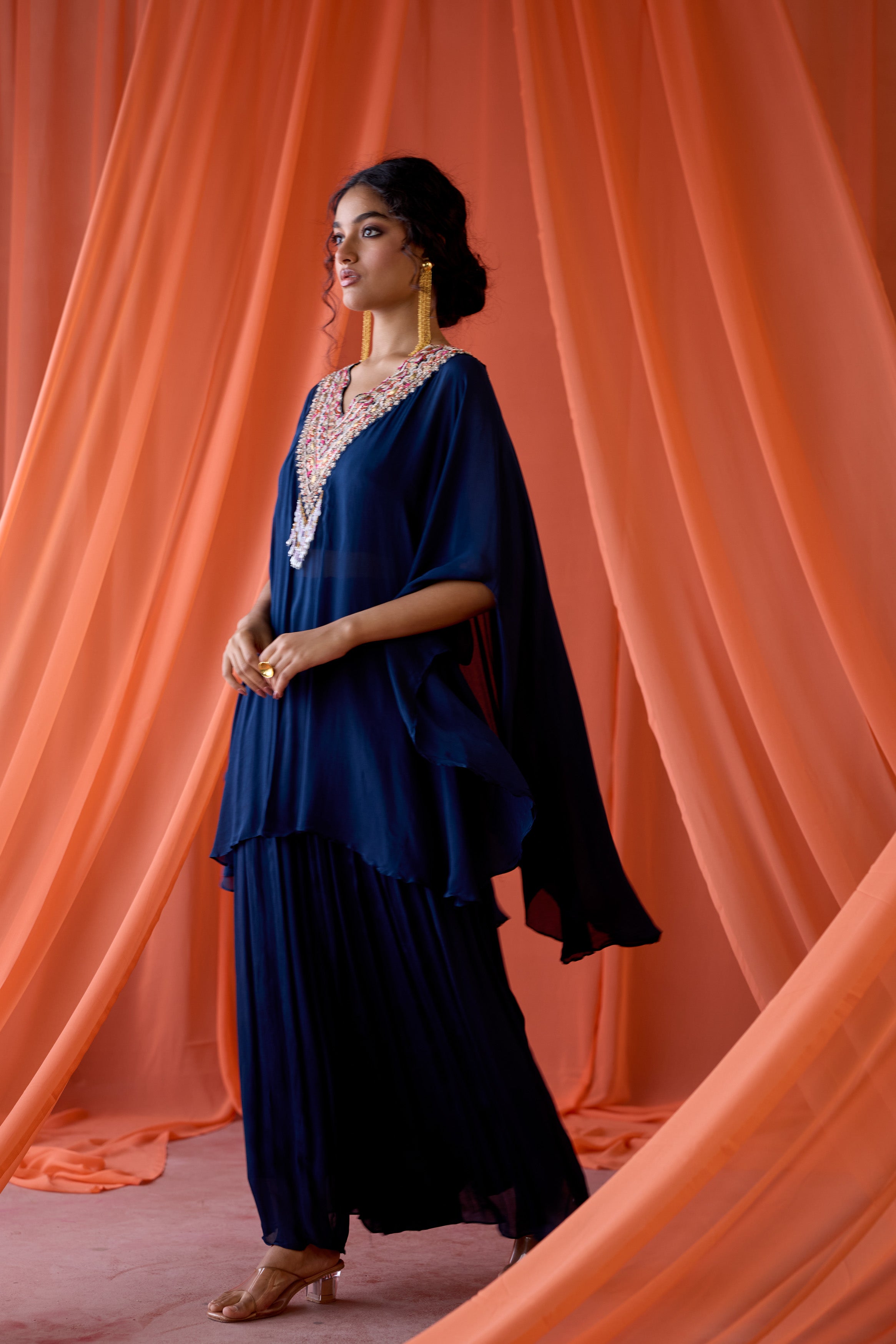 Midnight Blue Embellished Chinon Silk Kaftan Set
