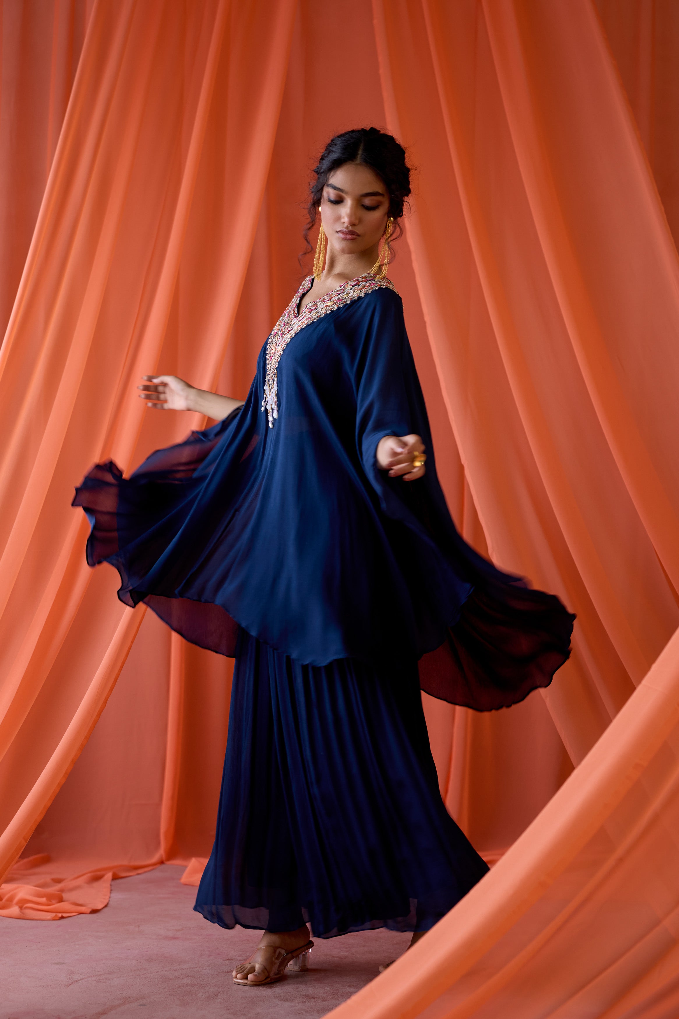 Midnight Blue Embellished Chinon Silk Kaftan Set