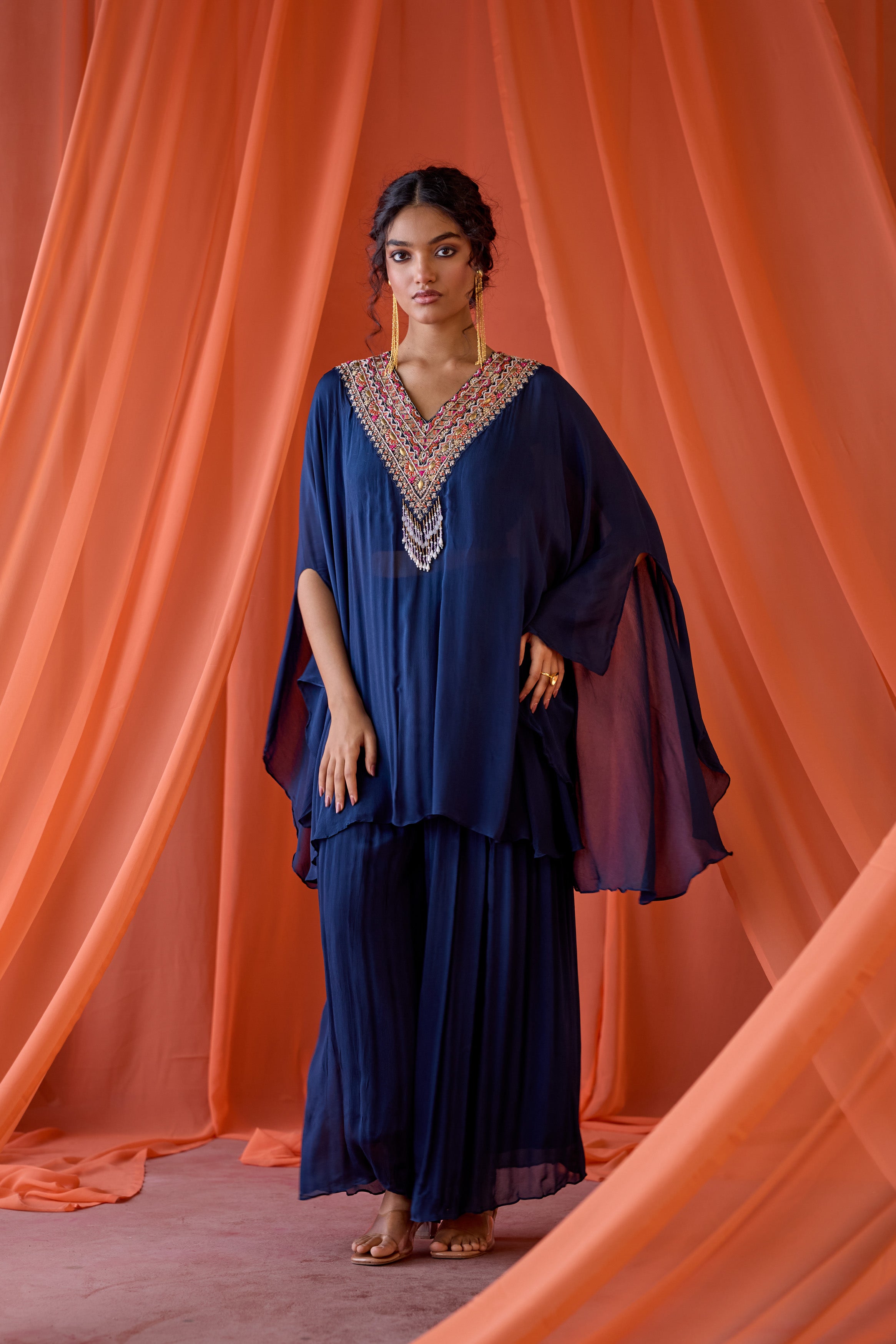 Midnight Blue Embellished Chinon Silk Kaftan Set