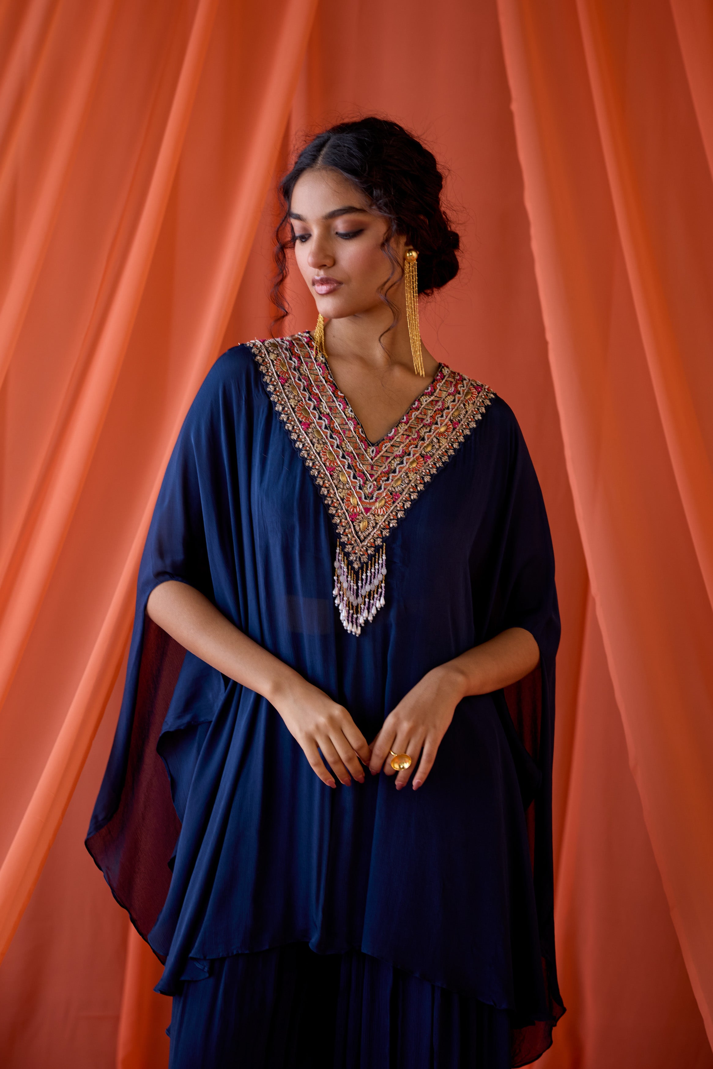 Midnight Blue Embellished Chinon Silk Kaftan Set
