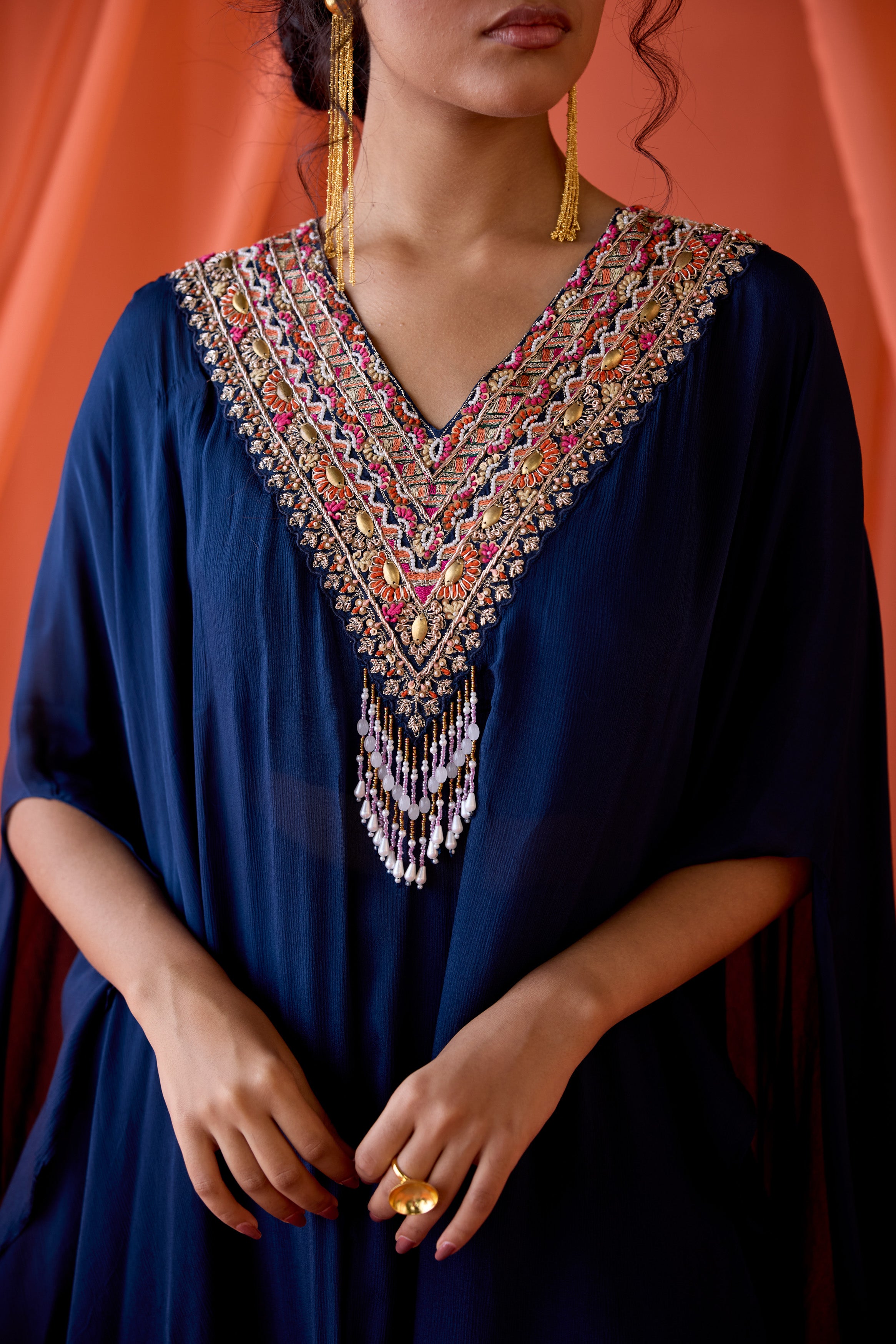 Midnight Blue Embellished Chinon Silk Kaftan Set