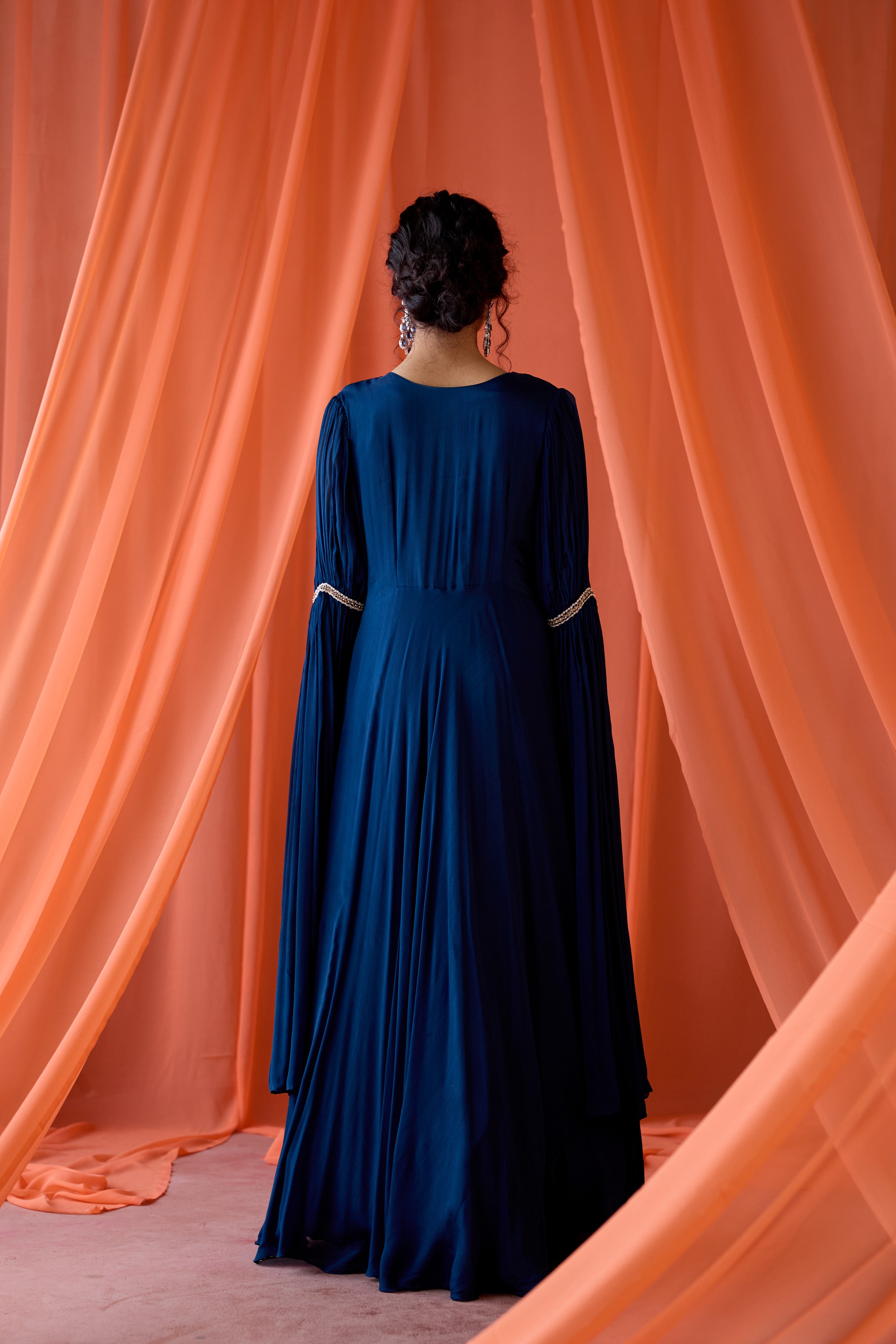 Deep Navy Blue Embellished Chinon Silk Gown