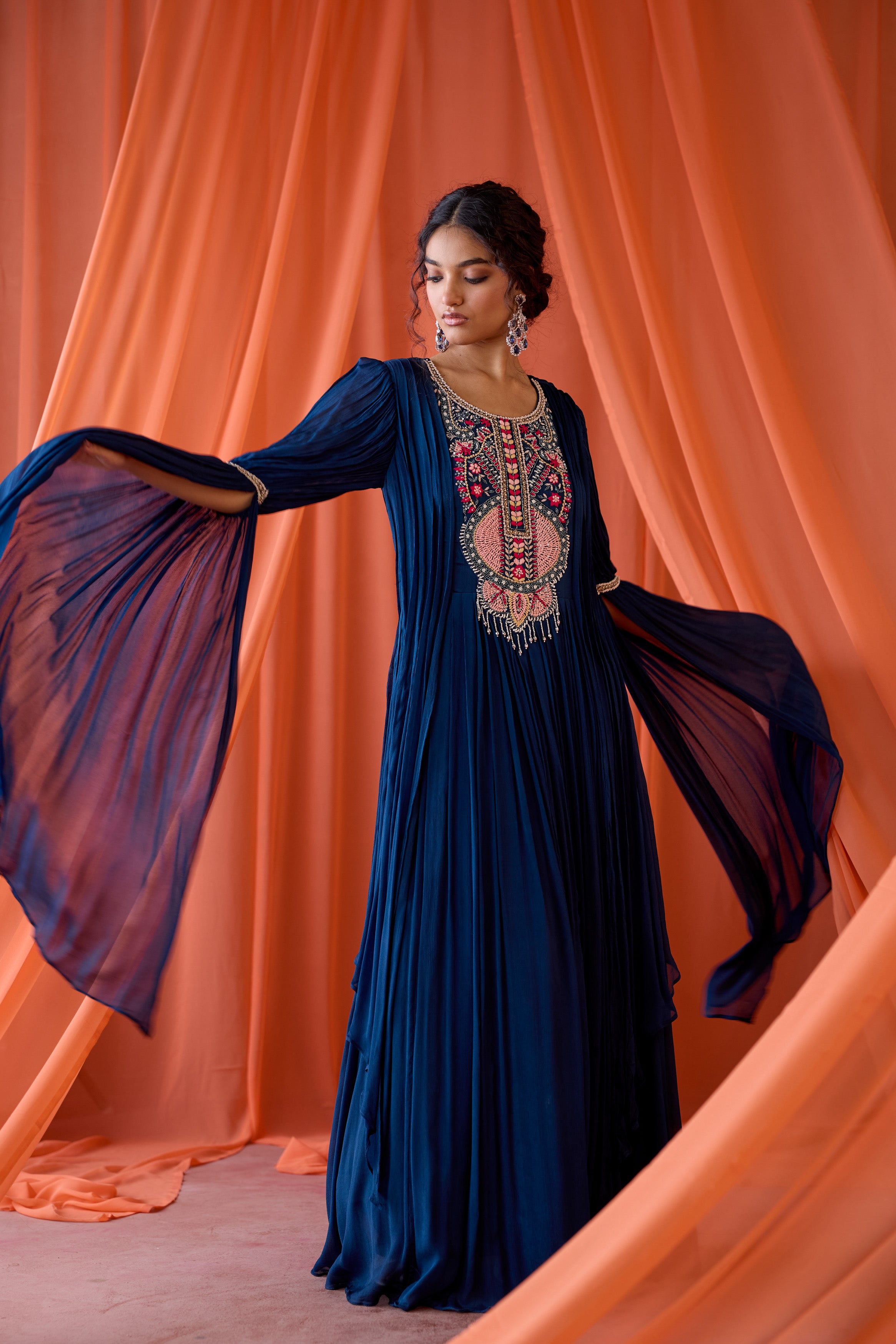 Deep Navy Blue Embellished Chinon Silk Gown
