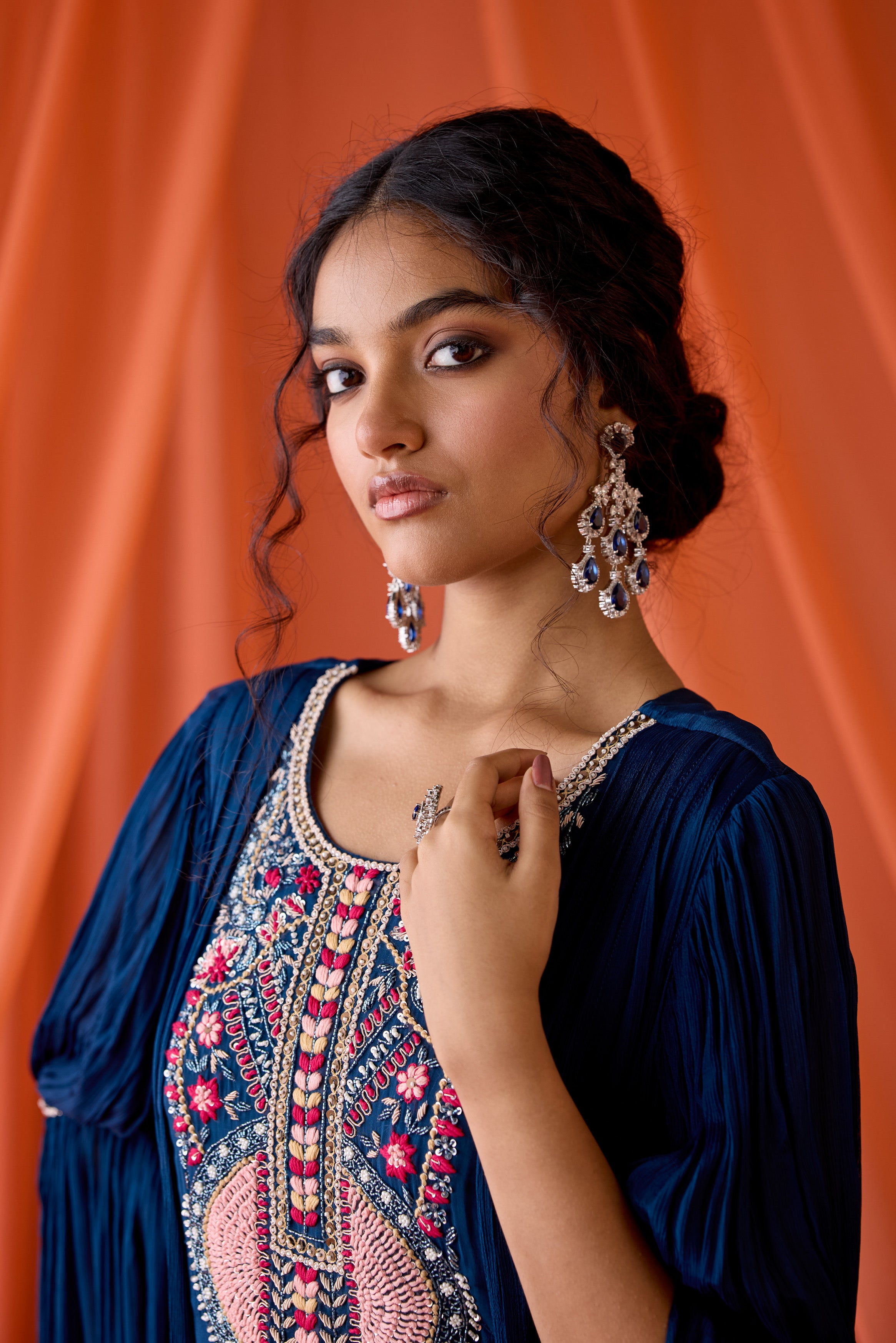 Deep Navy Blue Embellished Chinon Silk Gown