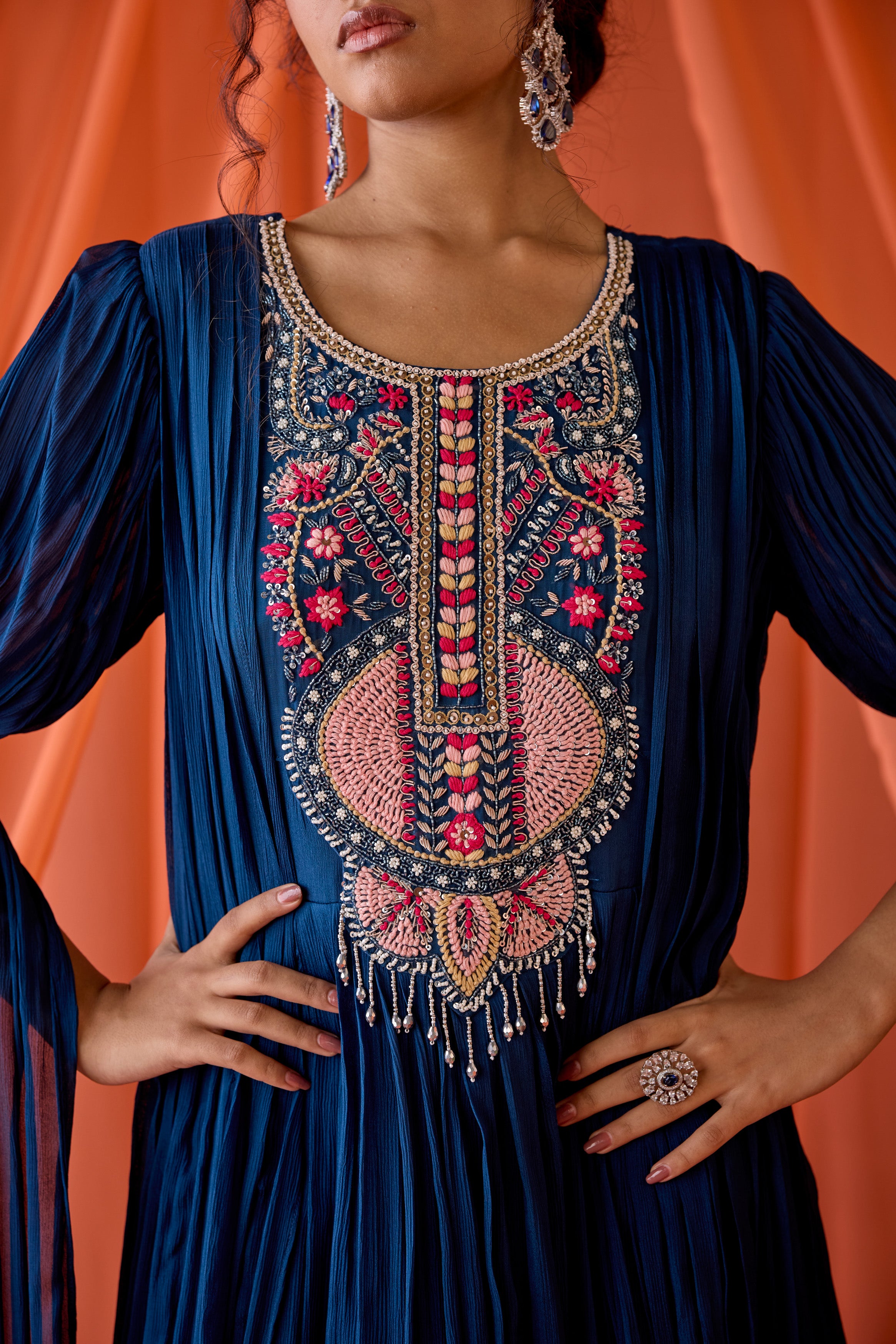 Deep Navy Blue Embellished Chinon Silk Gown