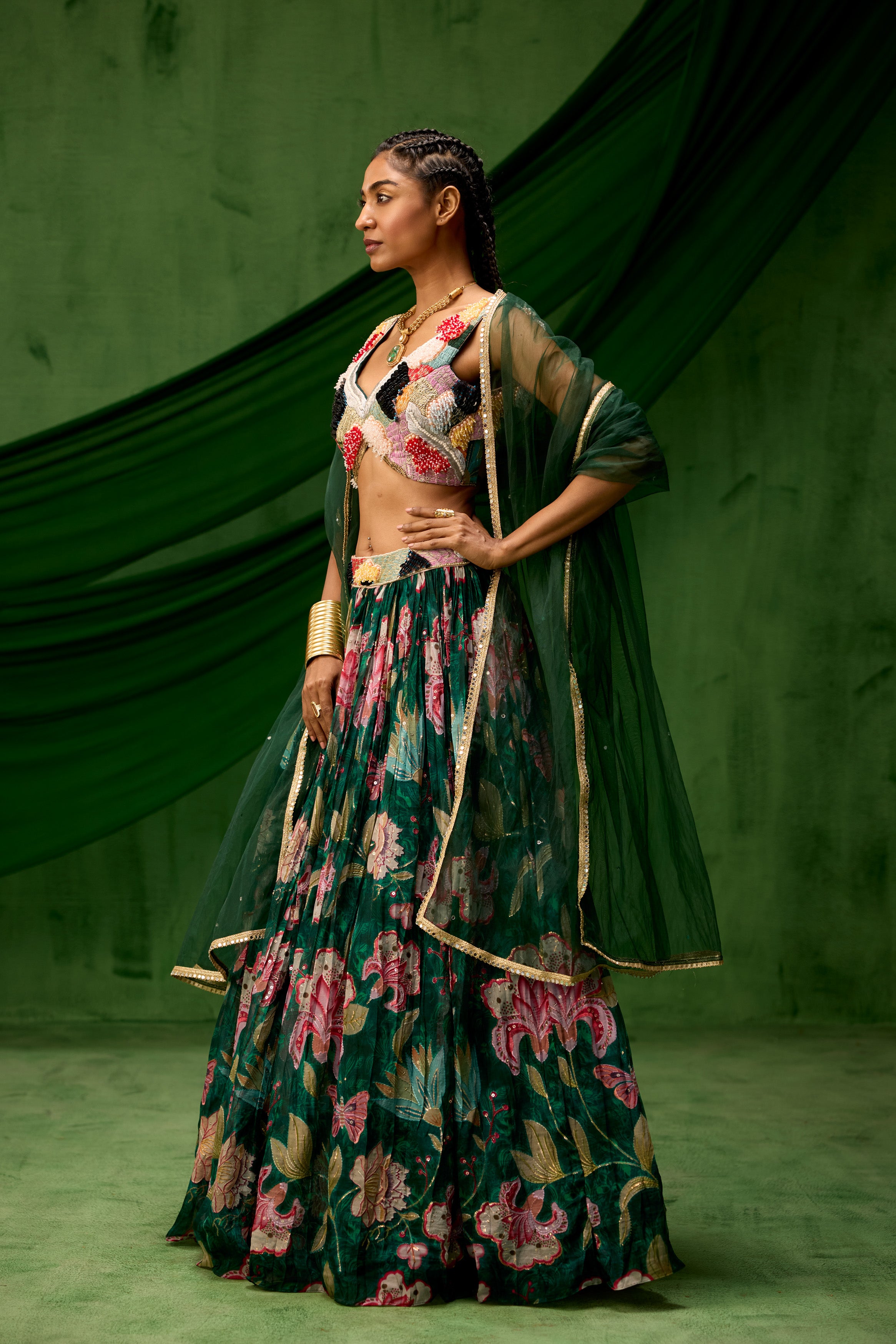 Emerald Green Embellished Soft Organza Silk Lehenga Set