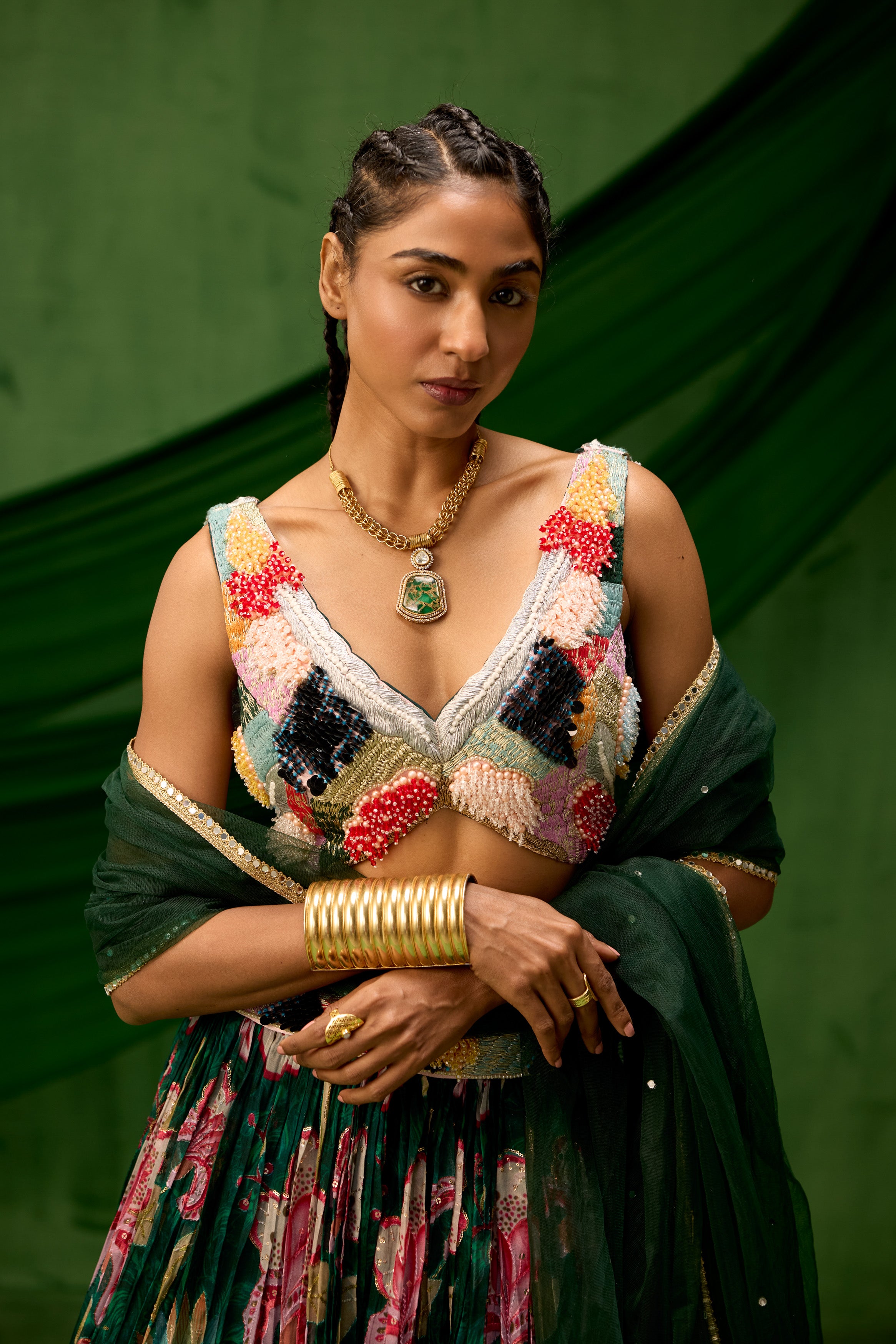 Emerald Green Embellished Soft Organza Silk Lehenga Set