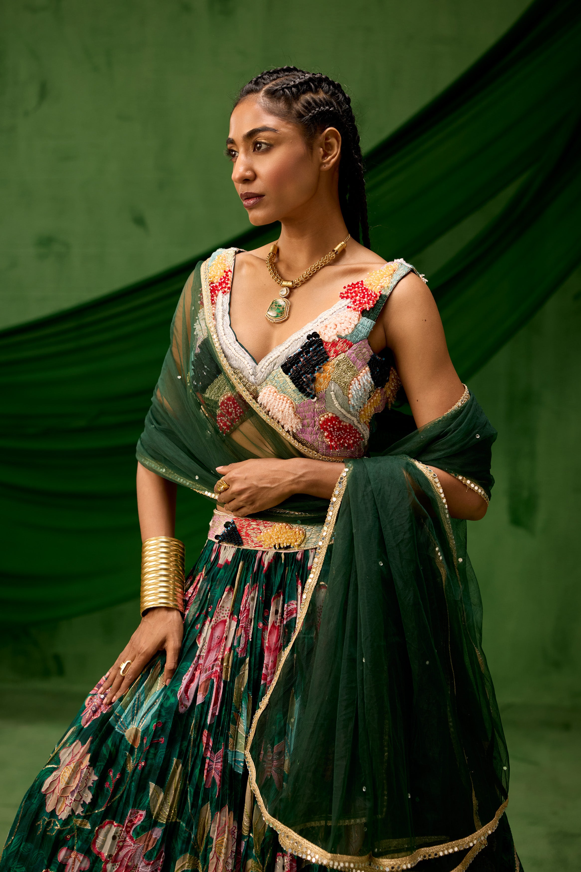 Emerald Green Embellished Soft Organza Silk Lehenga Set